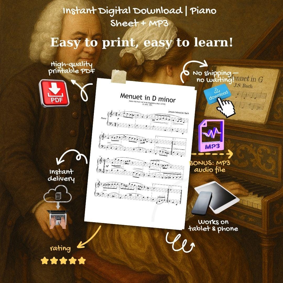 Menuet in D Minor by Johann Sebastian Bach – downloadable and simplified piano sheet music PDF full educational bundle with MP3 demo, instructional video, and all versions included. Designed for a complete, guided learning experience for piano students.