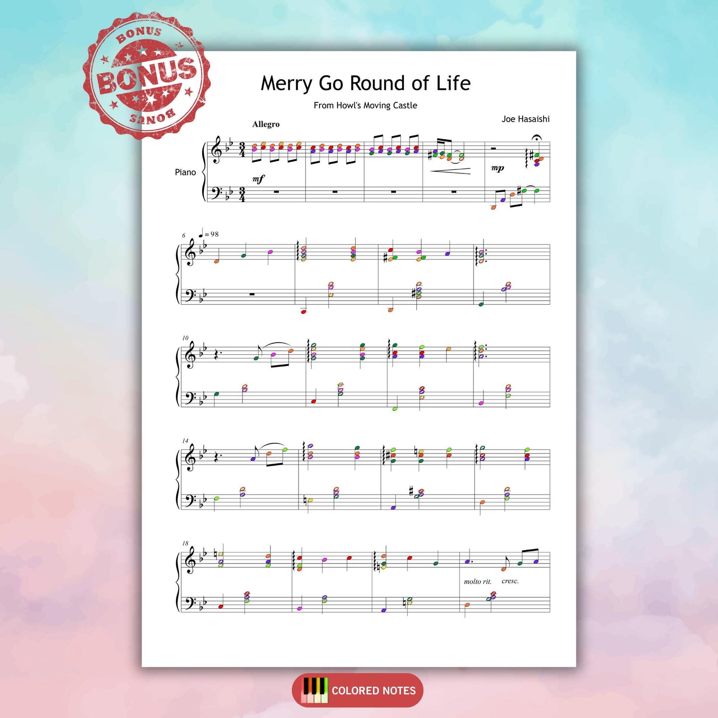 Merry-Go-Round of Life by Joe Hisaishi piano sheet music PDF, Grade 5 level professional arrangement for solo piano, downloadable 12-page score with tablet-optimized format, MP3 audio demo, and video tutorial, capturing the magic of Studio Ghibli’s Howl’s Moving Castle theme.