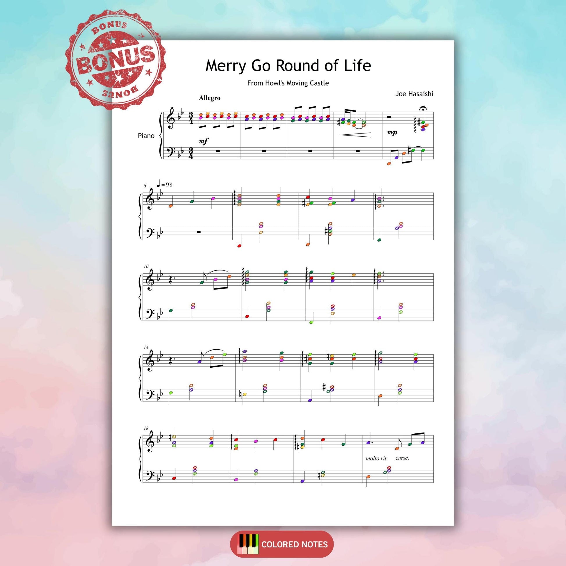 Merry-Go-Round of Life by Joe Hisaishi piano sheet music PDF, Grade 5 level professional arrangement for solo piano, downloadable 12-page score with tablet-optimized format, MP3 audio demo, and video tutorial, capturing the magic of Studio Ghibli’s Howl’s Moving Castle theme.