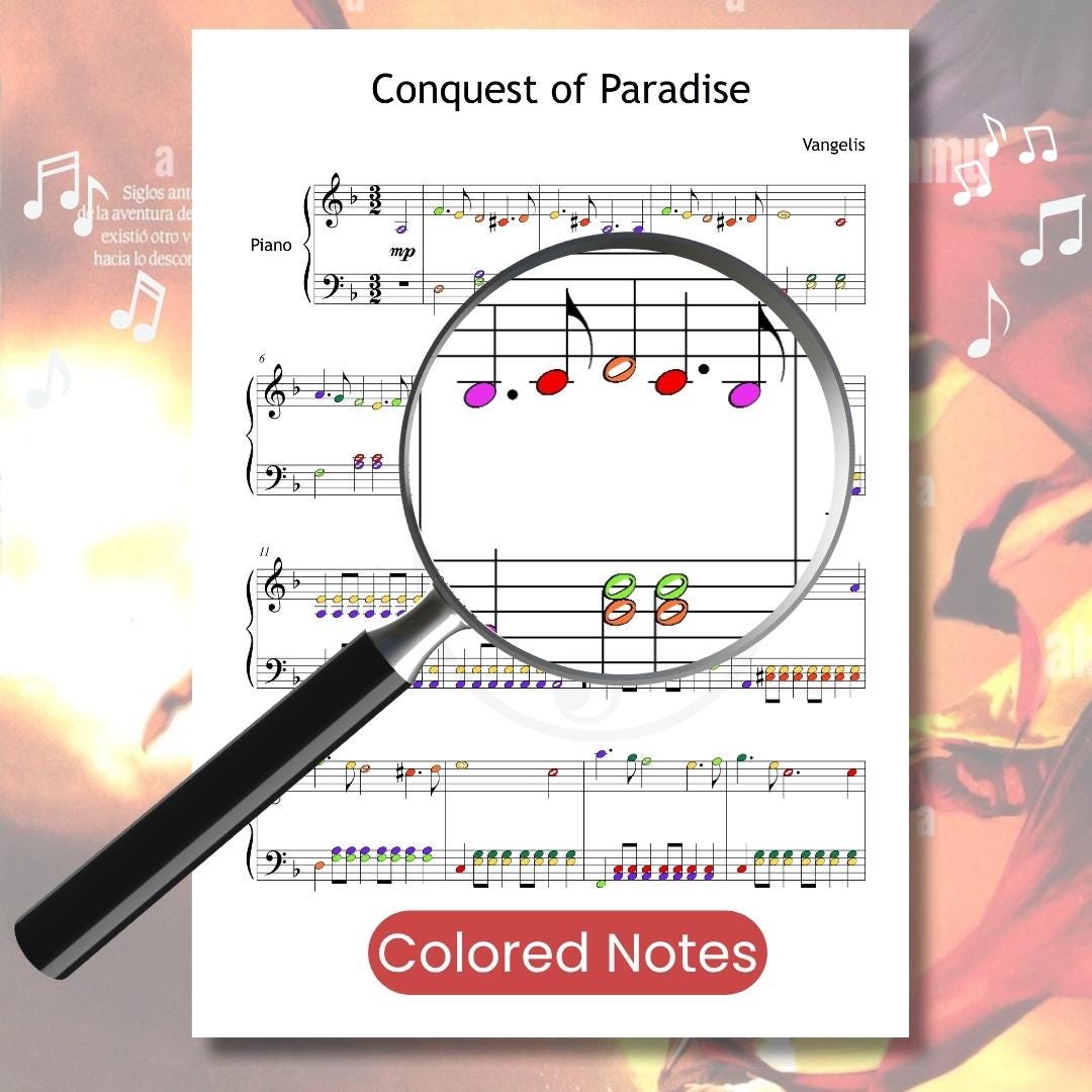 Conquest of Paradise by Vangelis downloadable and simplified piano sheet music PDF in a bright color-coded Grade 3 edition, highlighting visual note cues, finger-number support, and note names, with engraving based on the manuscript for educational use.
