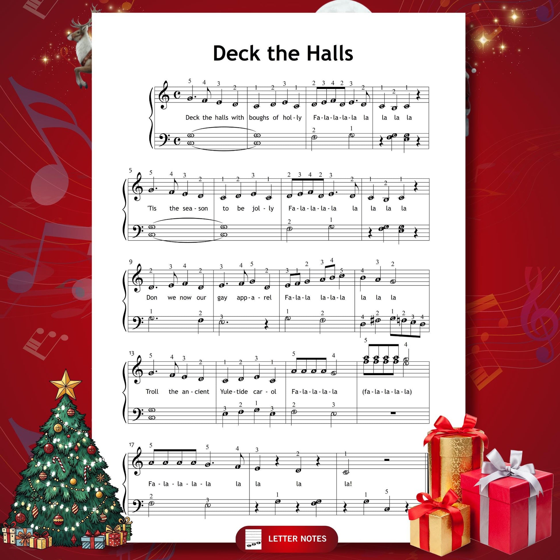 Deck the Halls by Traditional downloadable and simplified piano sheet music PDF offers personalised and eco-friendly Christmas printables inspired by Christmas gifts 2025, including Grade 1 lyrics, finger numbers, color-coded notes and note-name versions ideal for school concerts or home celebrations.