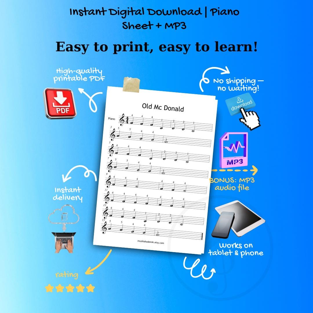 Old MacDonald Had a Farm - Grade 0 Simplified Very Easy Piano Sheet for Kids | Color Coded + Letter Notes + MP3 + Video | Beginner Music PDF
