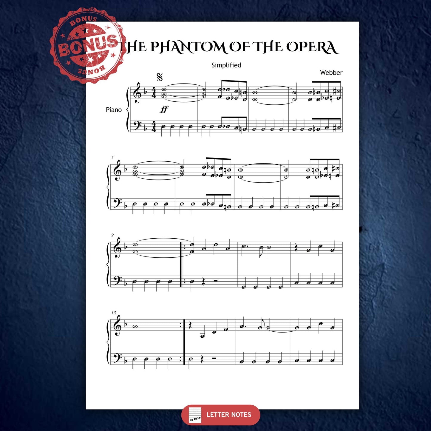 Phantom of the Opera easy piano beginner edition, Grade 1–2 simplified PDF score arranged for Halloween, John Lloyd Webber’s classic with MP3 reference track and MP4 video step-by-step guidance.