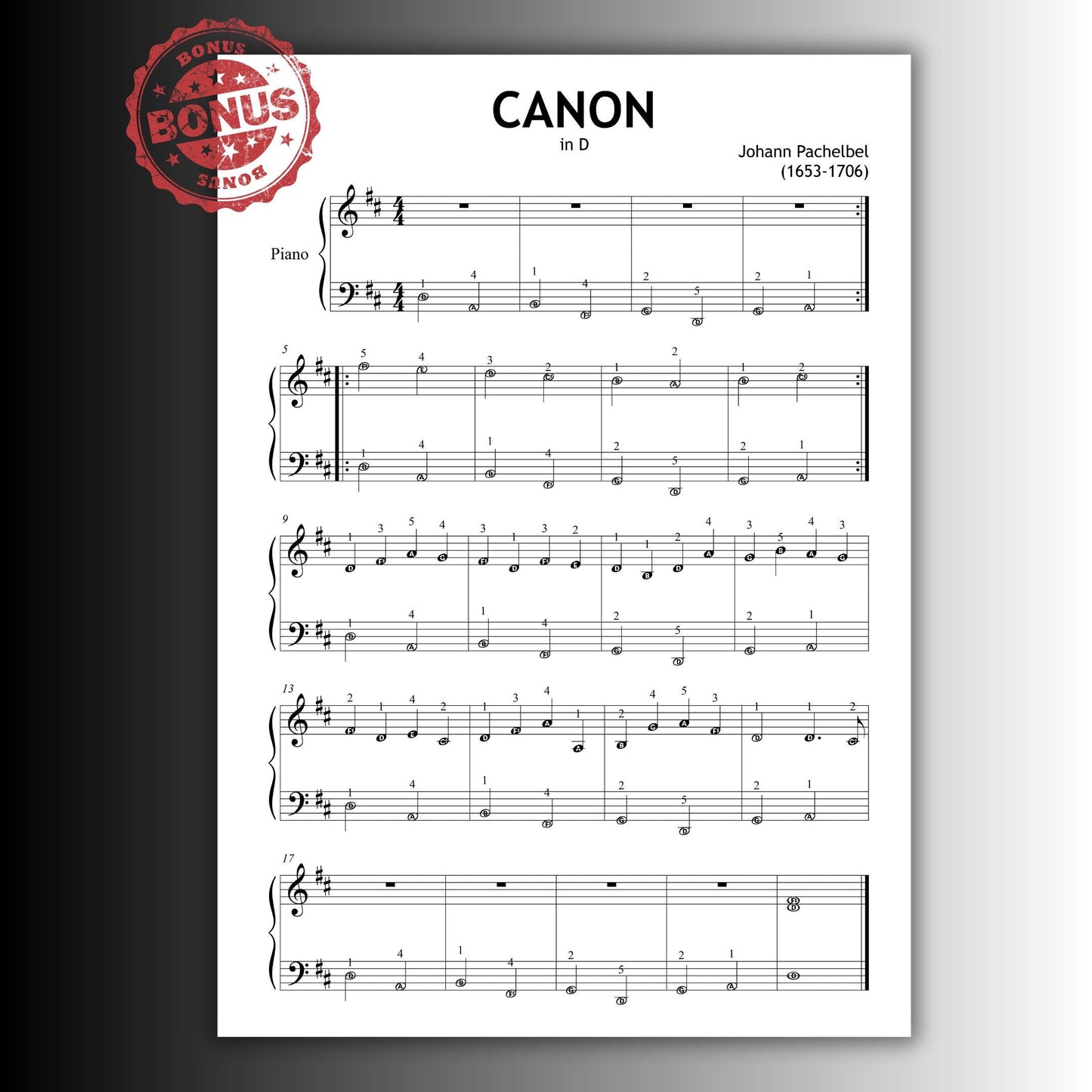 Canon in D piano and violin duet sheet music by Johann Pachelbel shown on digital screen, simplified PDF for beginners, suitable for family recitals or group lessons.