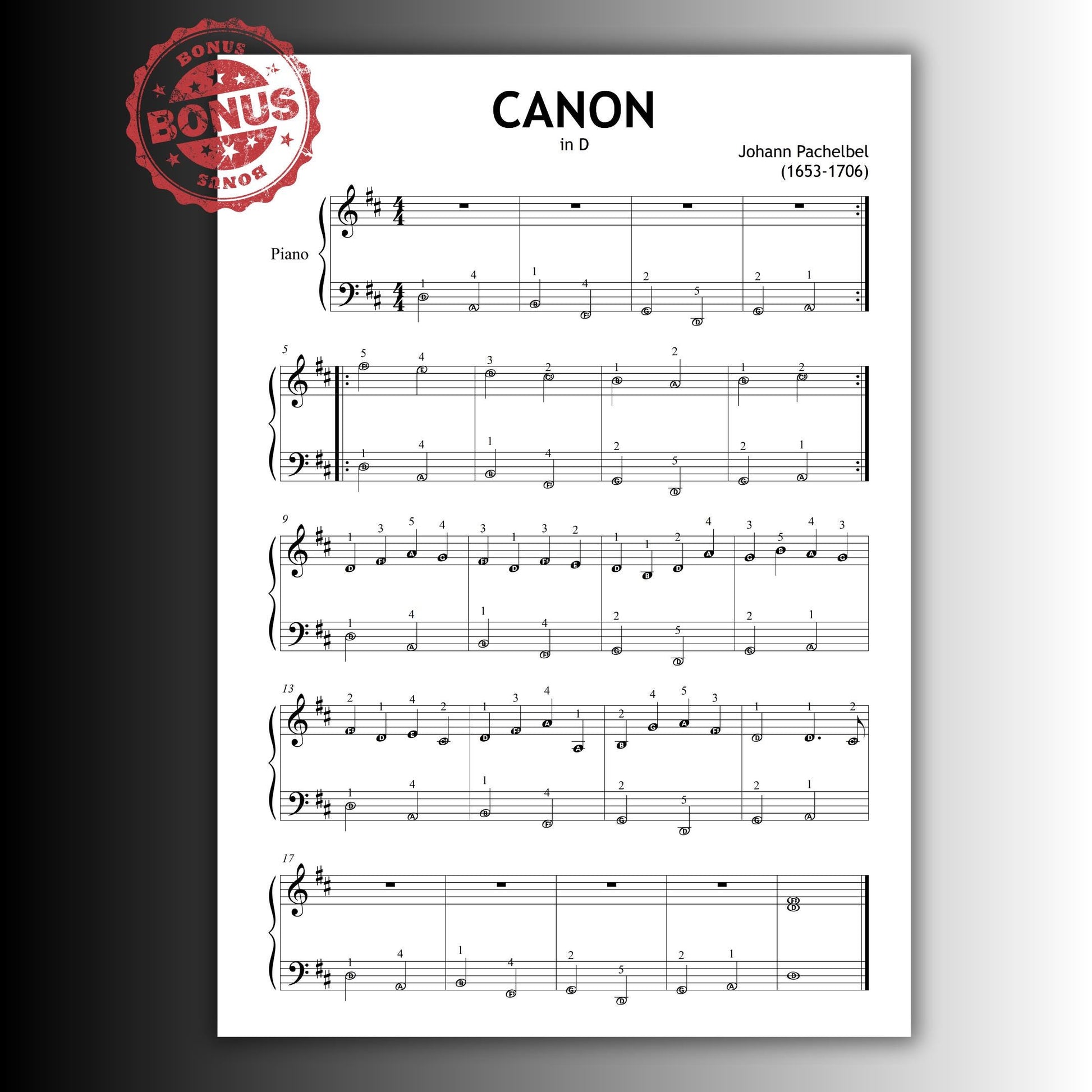 Canon in D piano and violin duet sheet music by Johann Pachelbel shown on digital screen, simplified PDF for beginners, suitable for family recitals or group lessons.