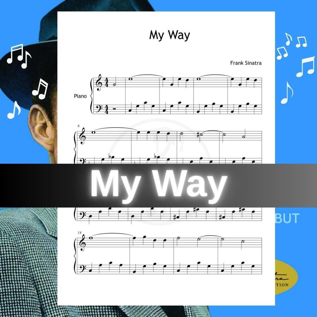 My Way by Frank Sinatra downloadable and simplified piano sheet music PDF presented as a Grade 3 arrangement featuring finger-number guidance, color-coded notation, and note-name support, all aligned with manuscript accuracy for confident melodic phrasing.