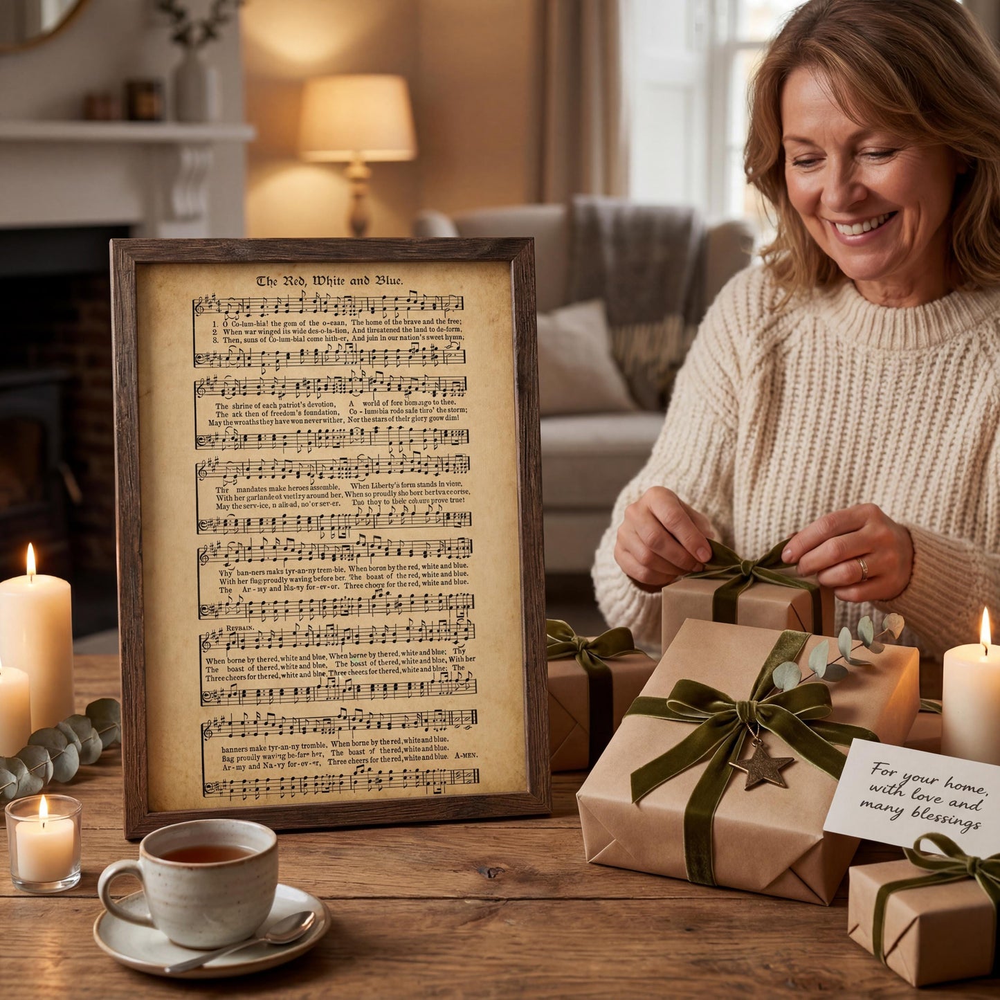 A woman is sitting at a table, smiling and wrapping a gift with a green ribbon. In front of her is a framed sheet of music, and there are wrapped gifts and candles on the table.