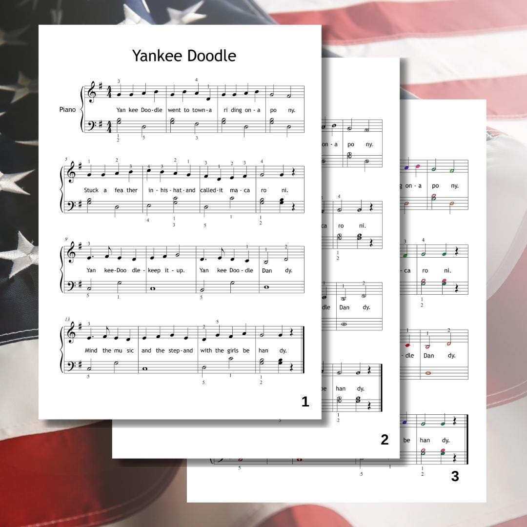 Yankee Doodle easy piano arrangement downloadable and simplified piano sheet music PDF for Grade 1–2, designed for young beginners with learning aids like fingered notation, note names, and color-coded score, printable in A4 and digital formats, MP3 and tutorial video included, perfect for teaching and practice.