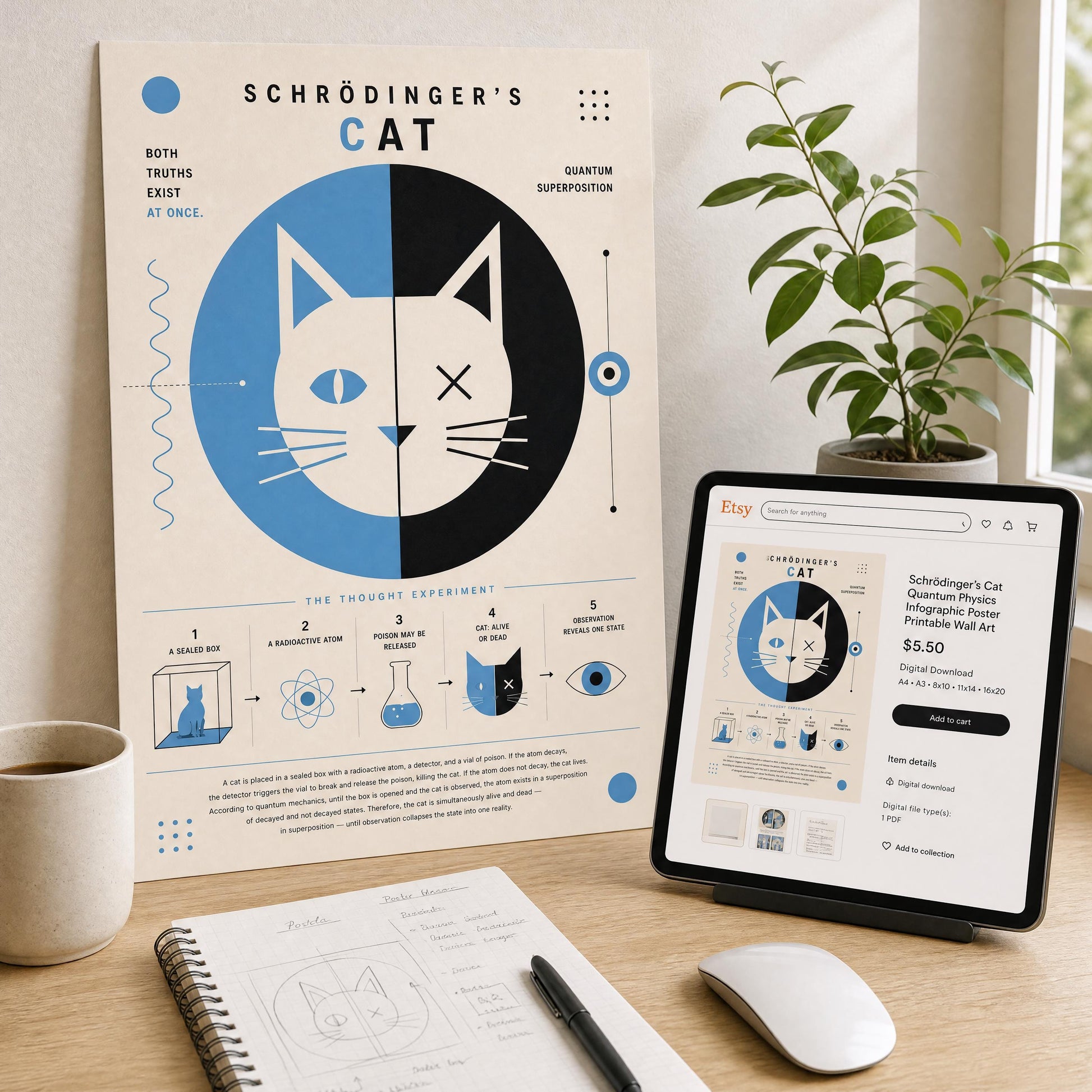 a desk with a poster of a cat's face, a tablet displaying a product page, a notebook, a pen, a coffee cup, and a plant.