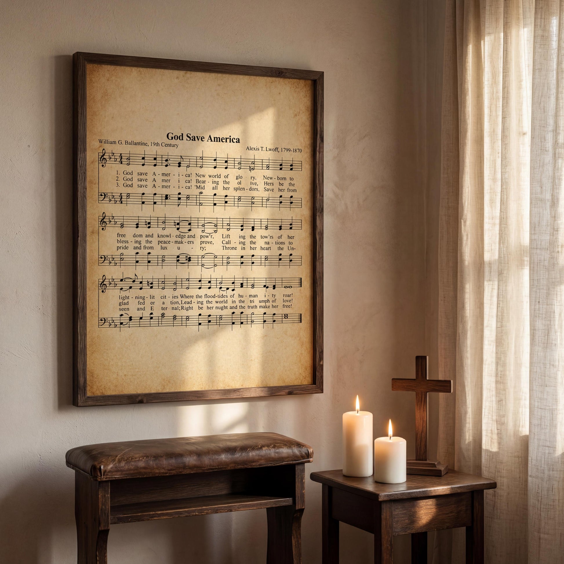 A framed sheet of music titled "God Save America" is displayed on a wall, accompanied by a wooden bench, a small table with a lit candle, and a wooden cross.