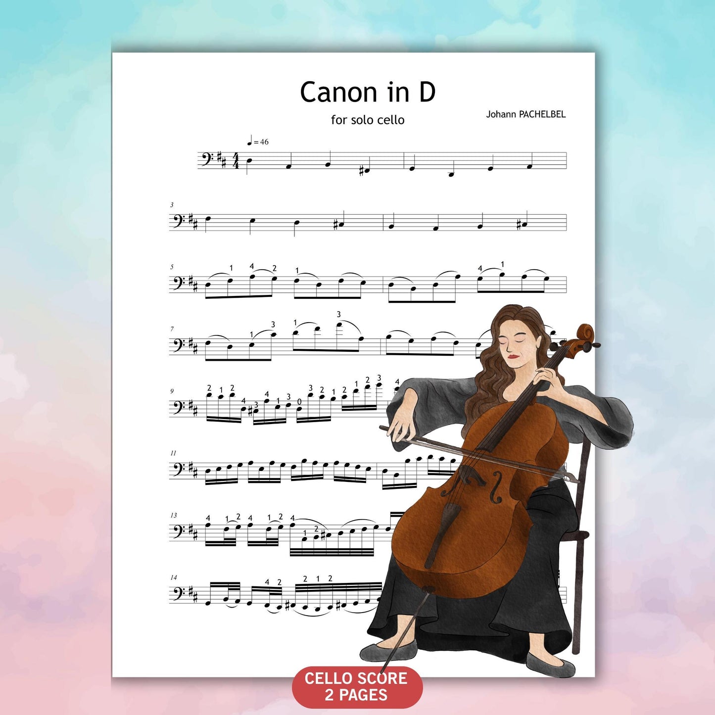 Pachelbel’s Canon by Johann Pachelbel downloadable cello sheet music PDF displayed as a solo violoncello score with clearly marked fingerings, bowings, and high-resolution notation, shown in printable PDF and JPEG formats for precise practice.