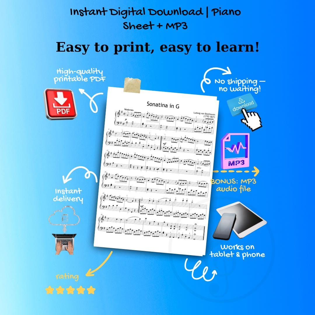 Beethoven Sonatina in G - Grade 4 Piano Sheet Music PDF with Finger Numbers, Note Names, Color Notes, MP3