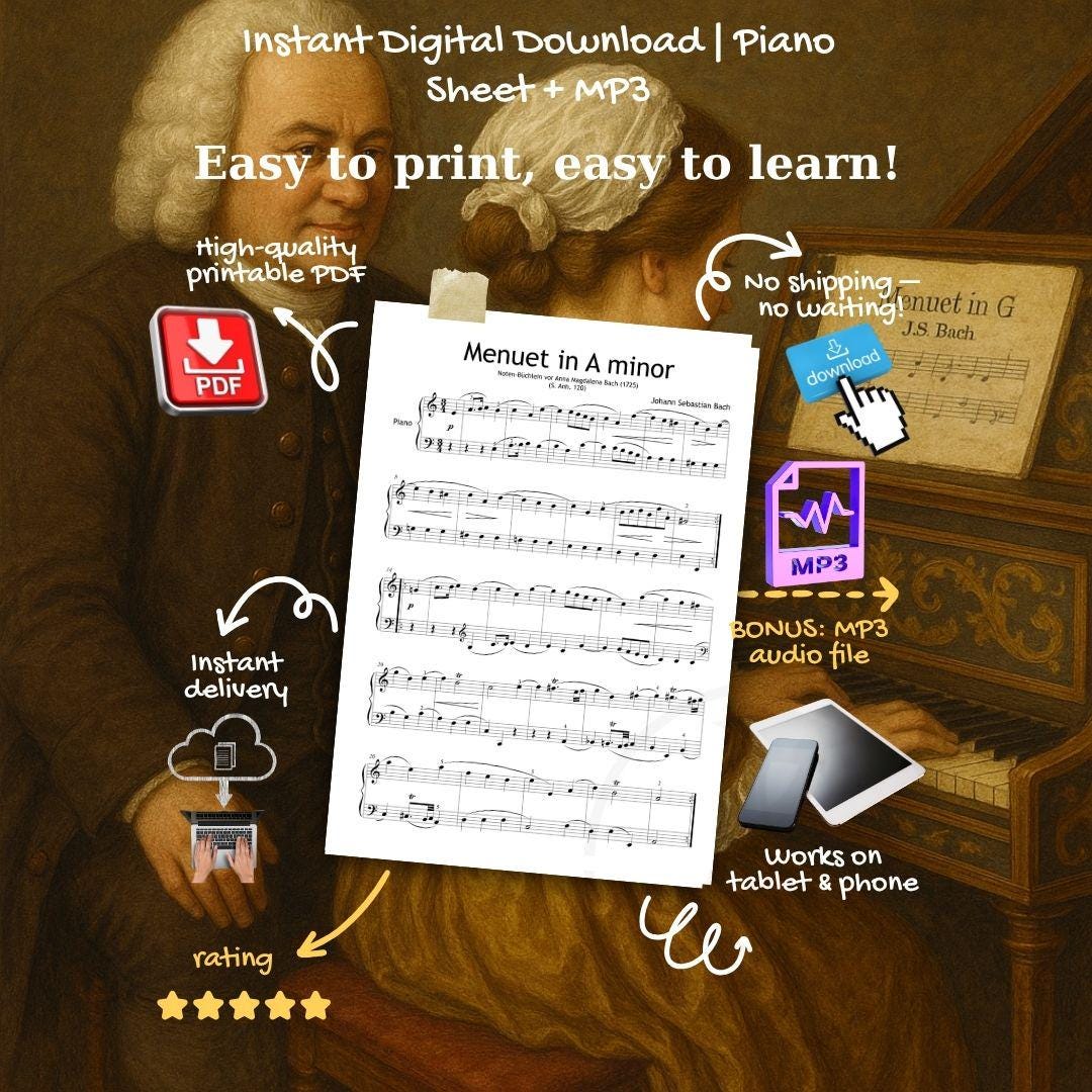 Menuet in A Minor by Johann Sebastian Bach – downloadable and simplified piano sheet music PDF full educational bundle with MP3 recording, video tutorial, and all notation styles. Supports structured learning paths and independent practice.