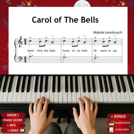 Carol of the Bells by Mykola Leontovych downloadable and simplified piano sheet music PDF brings the magic of Christmas gifts 2025 with personalised, eco-friendly and last-minute digital Christmas printables, featuring Grade 1 lyrics, finger numbers, note names and color-coded notes for festive learning and instant performance.