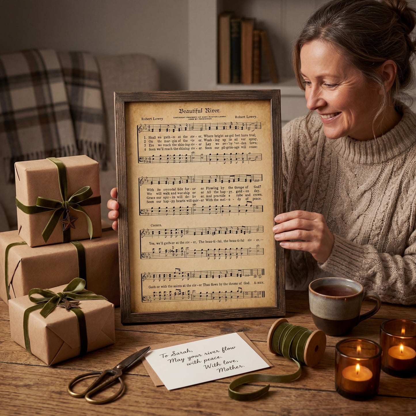 A woman is sitting at a table with a framed sheet music of a song, surrounded by wrapped gifts, candles, and a pair of scissors.