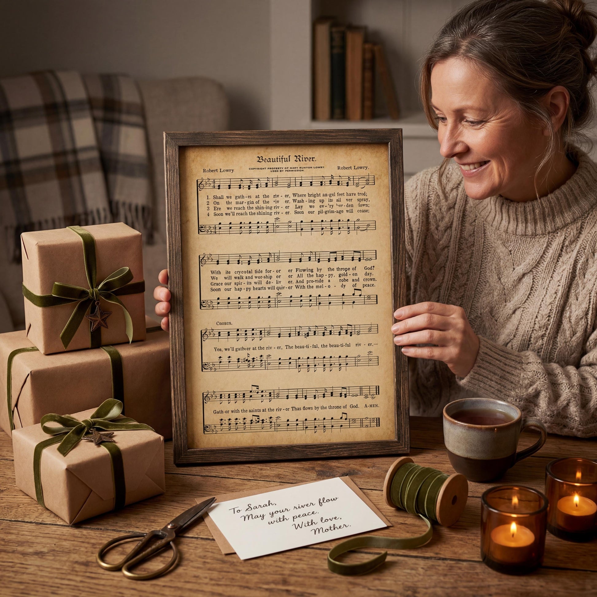 A woman is sitting at a table with a framed sheet music of a song, surrounded by wrapped gifts, candles, and a pair of scissors.