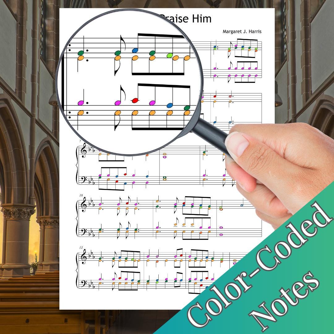 I Will Praise Him by Margaret J. Harris - downloadable and simplified piano sheet music PDF featuring color-coded notes for easier visual learning. Great for beginners, children, and visual learners in Sunday school or choir practice.