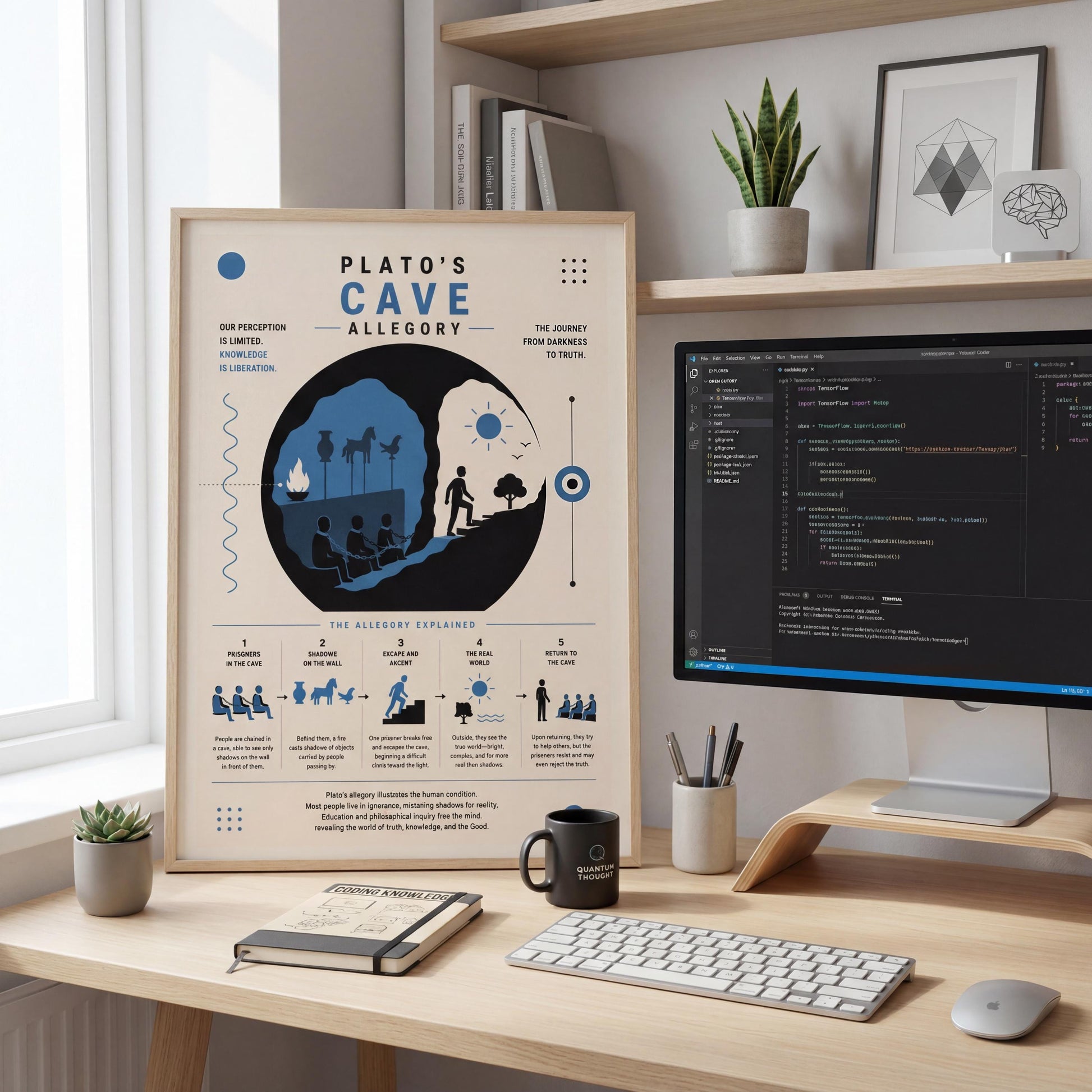 a poster titled "Plato's Cave Allegory" displayed on a wooden desk, with a computer monitor, keyboard, and mouse in the background.