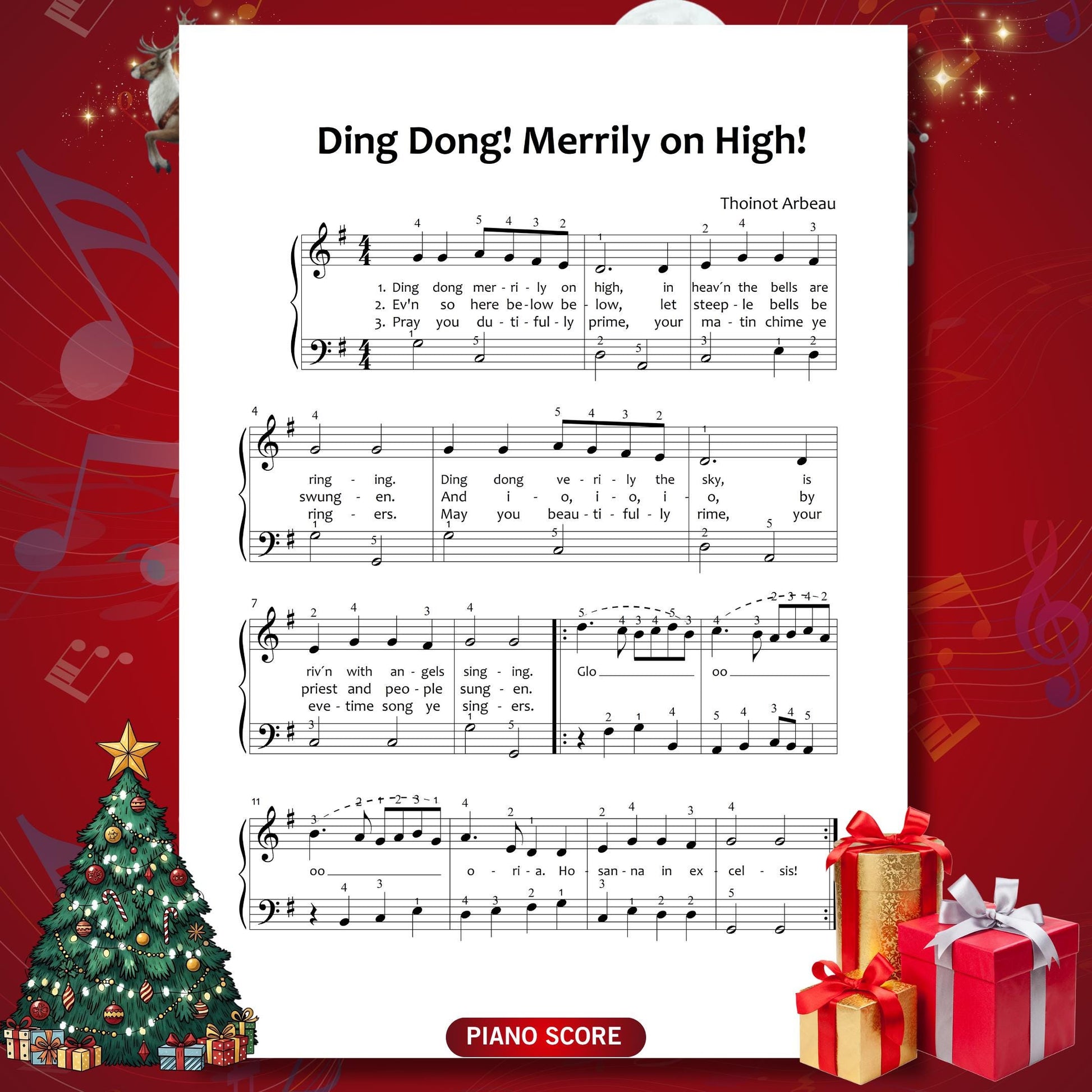 Ding Dong Merrily on High by Traditional downloadable and simplified piano sheet music PDF crafted as a seasonal resource aligned with Christmas gifts 2025 trends, offering a quick Christmas digital download with lyrics, finger numbers, color notes and note names for students and teachers preparing holiday lessons.