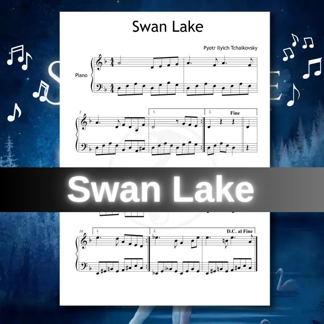 Swan Lake Theme by Pyotr Ilyich Tchaikovsky downloadable and simplified piano sheet music PDF presented as a Grade 3 arrangement featuring finger-number guidance, color-coded notation, and note-name support, all aligned with manuscript accuracy for confident early-intermediate performance.