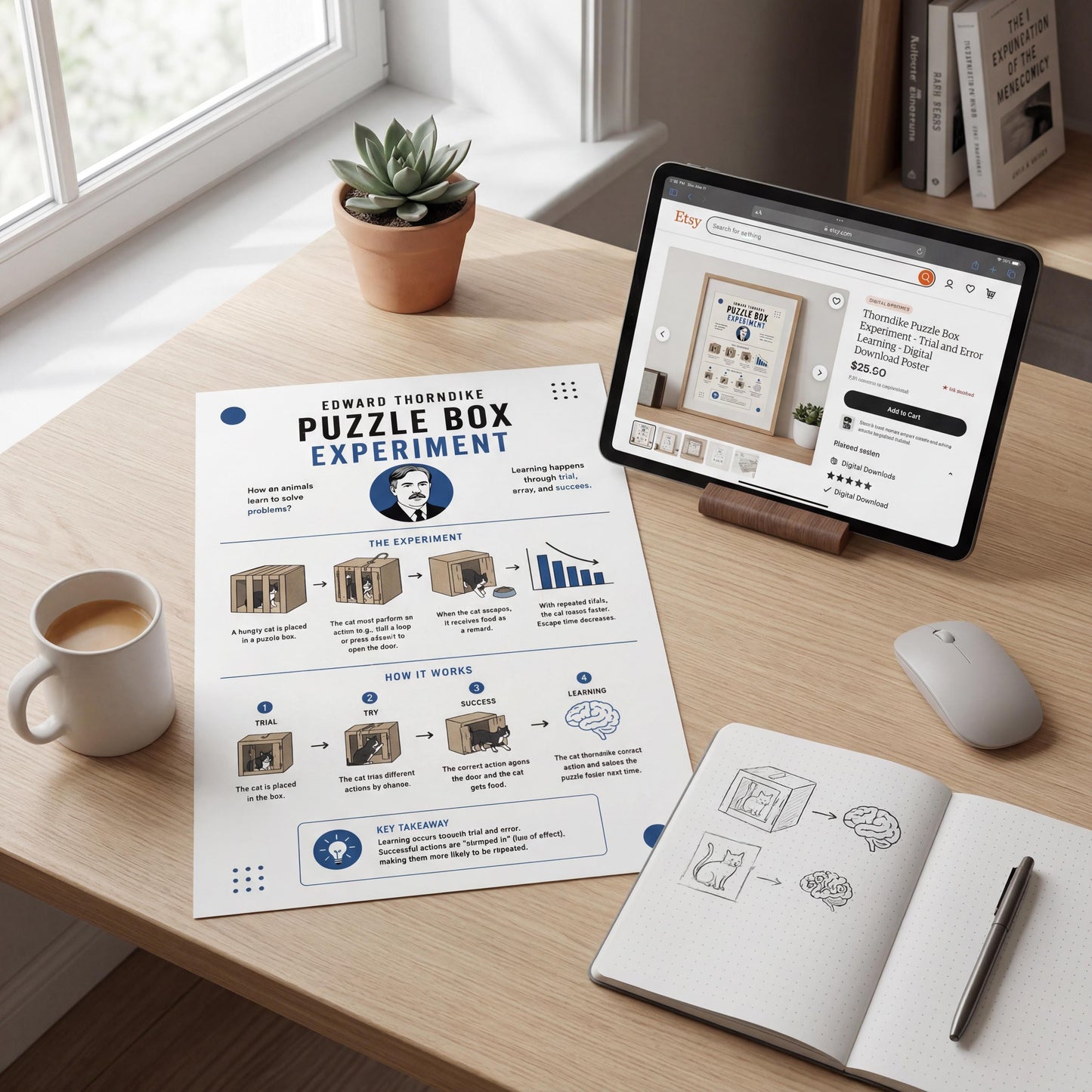 a desk with a puzzle box experiment poster, a tablet, a mug, a potted plant, and a notebook.