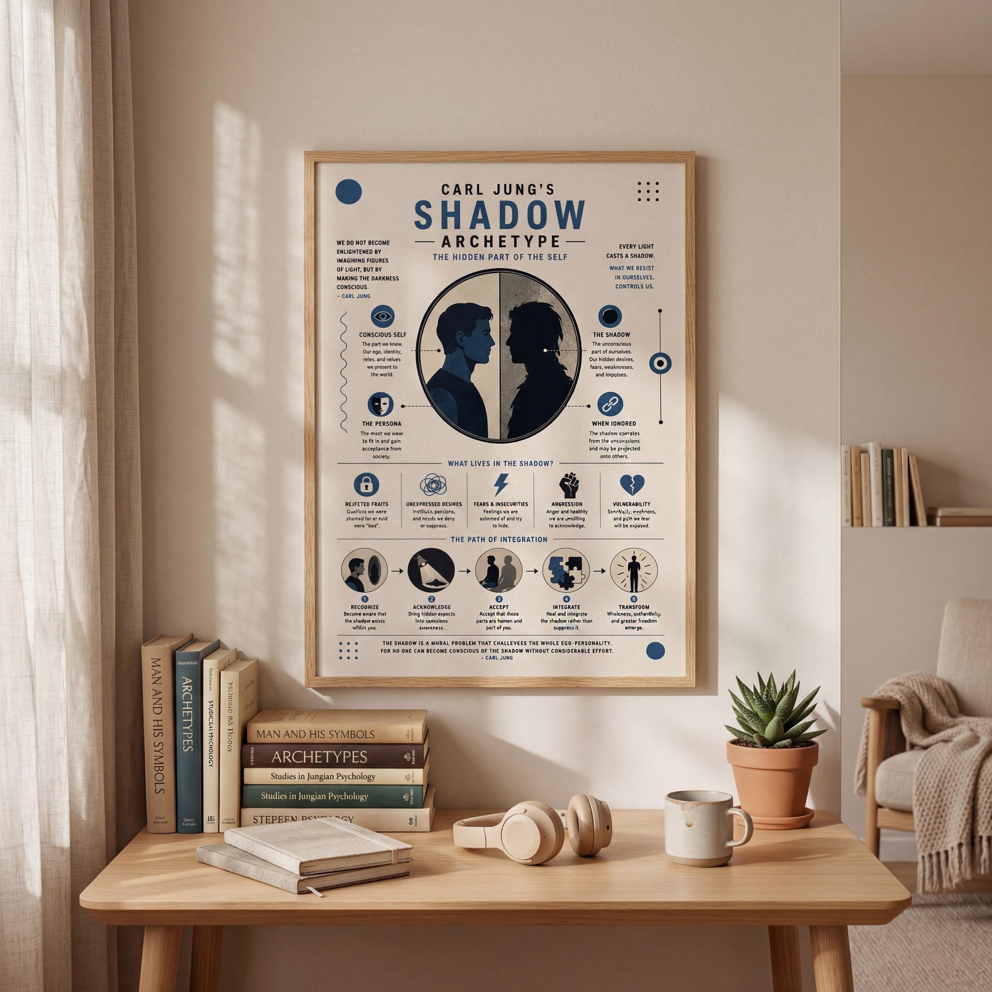 a poster of Carl Jung's "Shadow Archetype" displayed on a wall, with a wooden table in front of it containing books, a mug, and a potted plant.