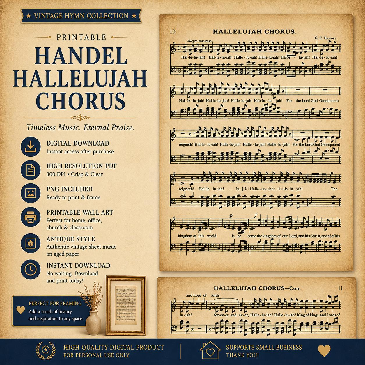 The image is a vintage hymn collection featuring the Handel Hallelujah Chorus. It includes sheet music, a framed photograph, and a printed page with text. The image is a collage of various elements, including a framed photograph, sheet music, and text. The image is described as a "High Quality Digital Product" and is a "Vintage Hymn Collection".