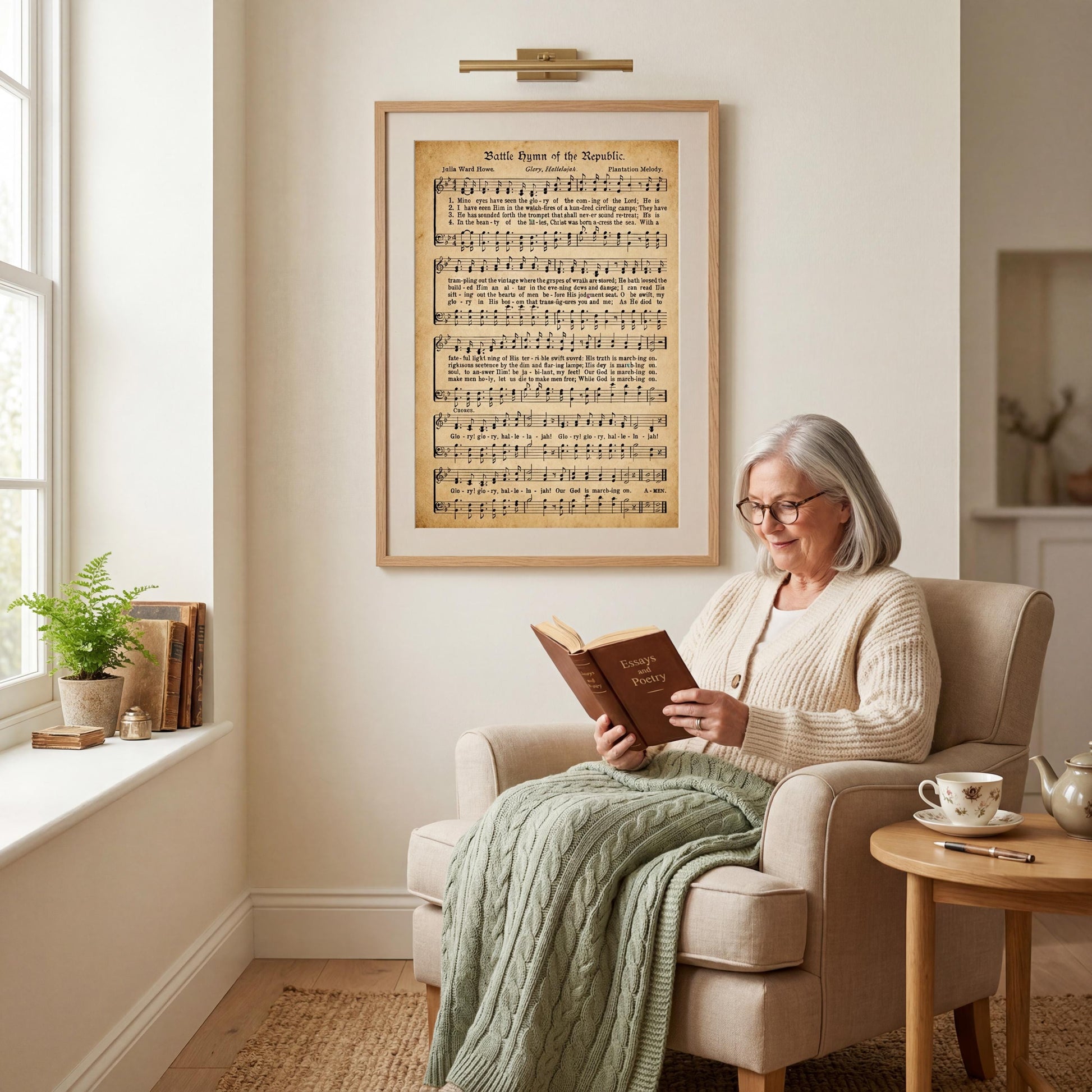 An older woman is sitting in a chair, reading a book, with a framed sheet music poster on the wall behind her.