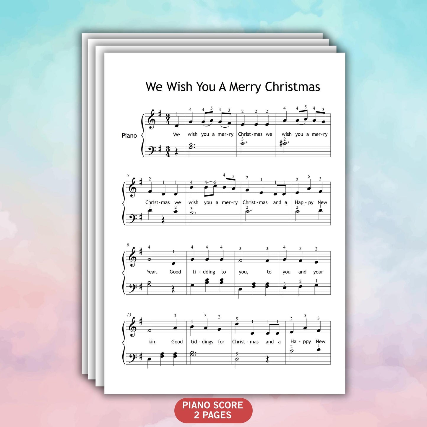 Close-up of We Wish You a Merry Christmas simplified piano sheet showing color notes and letter names, perfect for kids and beginner piano students.