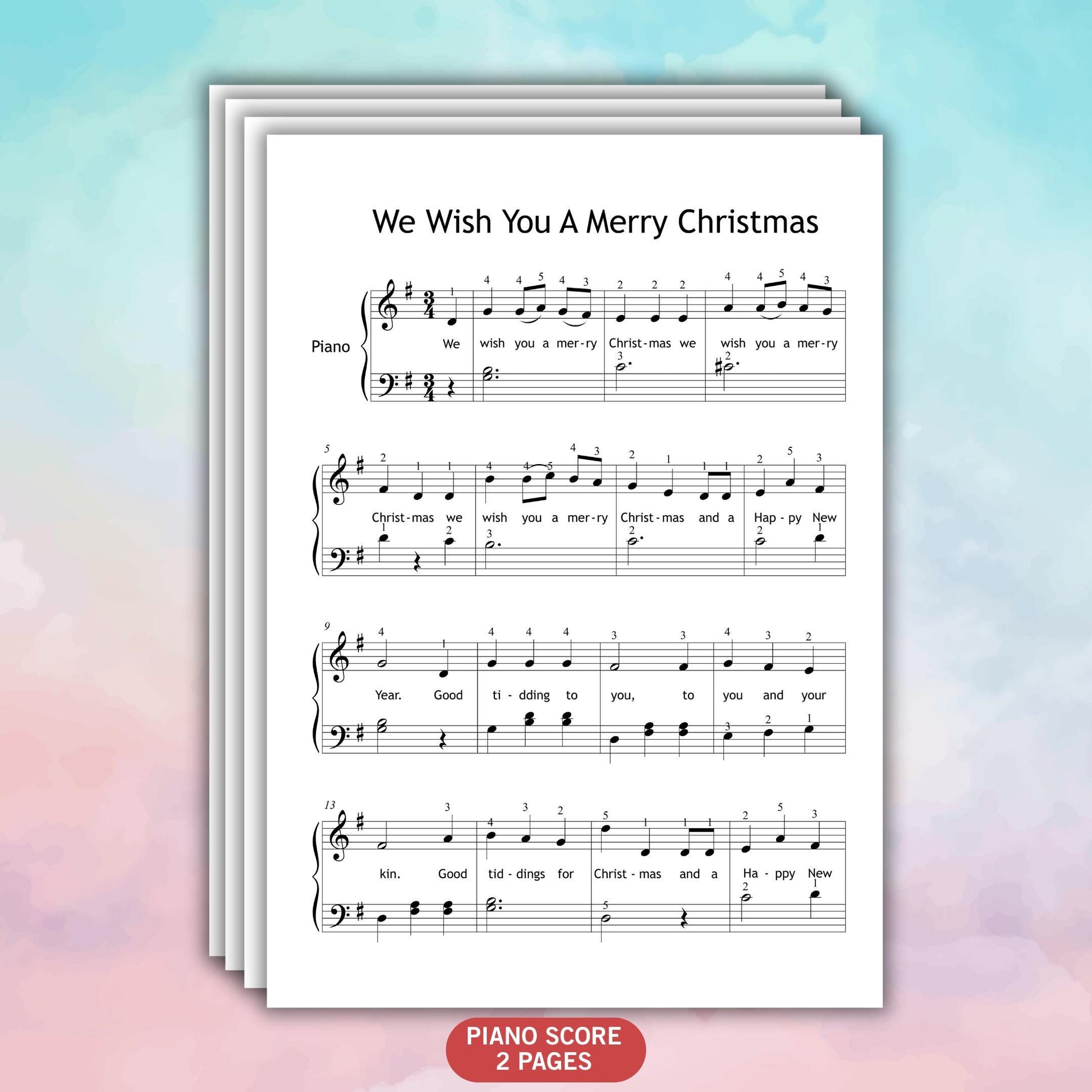 Close-up of We Wish You a Merry Christmas simplified piano sheet showing color notes and letter names, perfect for kids and beginner piano students.