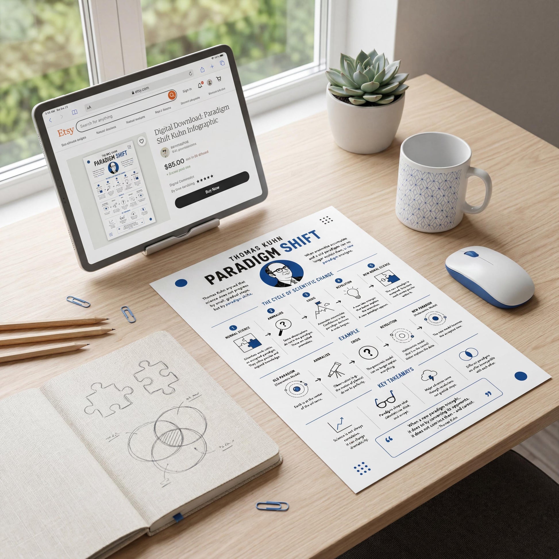 a workspace with a tablet displaying a website, a notebook with a diagram, a mug, a mouse, and a potted plant.