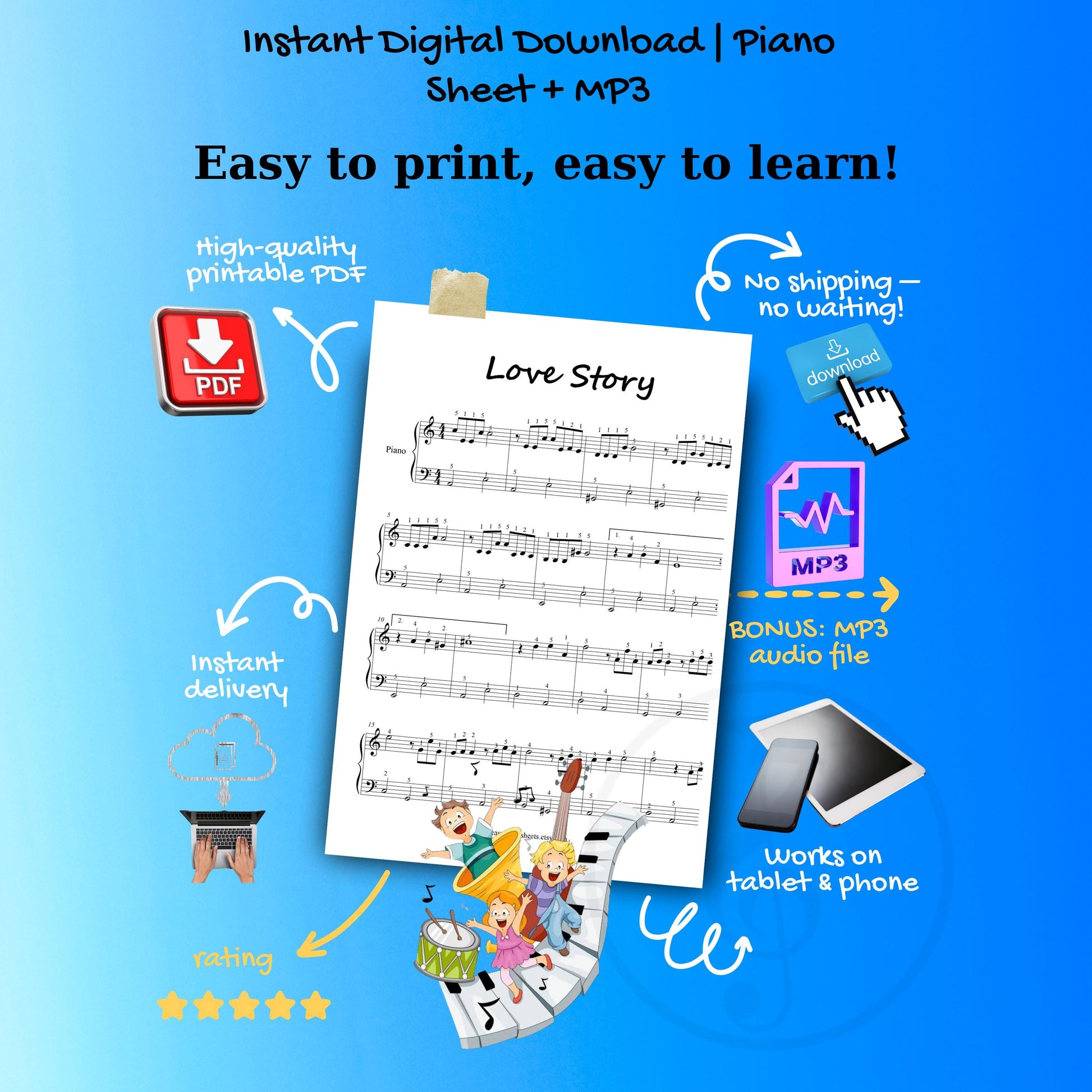 Love Story – Very Easy Piano Sheet Music (Digital Download with Finger Numbers)