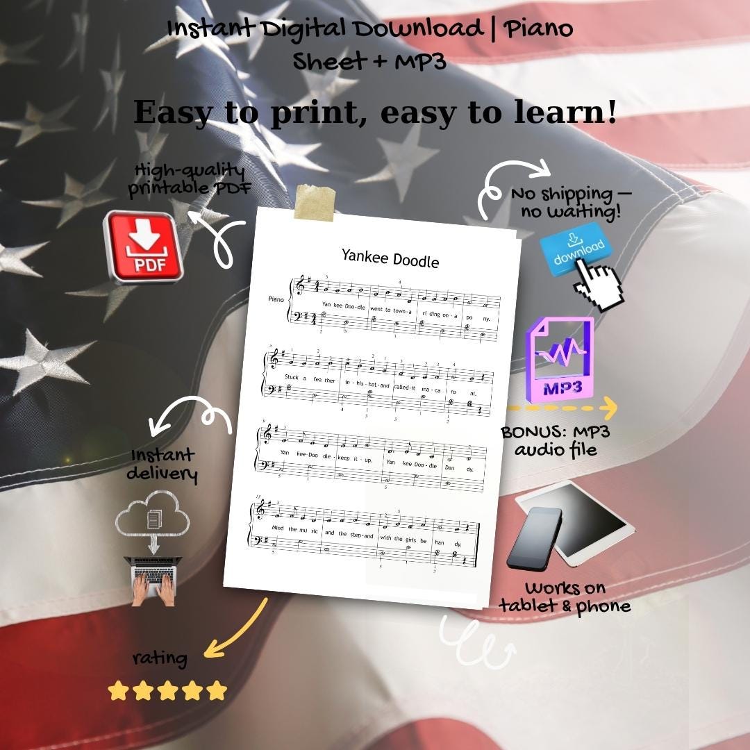 Yankee Doodle Grade 1–2 beginner piano sheet simplified PDF download, traditional American melody arranged with finger numbers, color-coded notes, and note names to support reading skills, printable and tablet-compatible formats included, with MP3 reference track and tutorial video for guided learning.