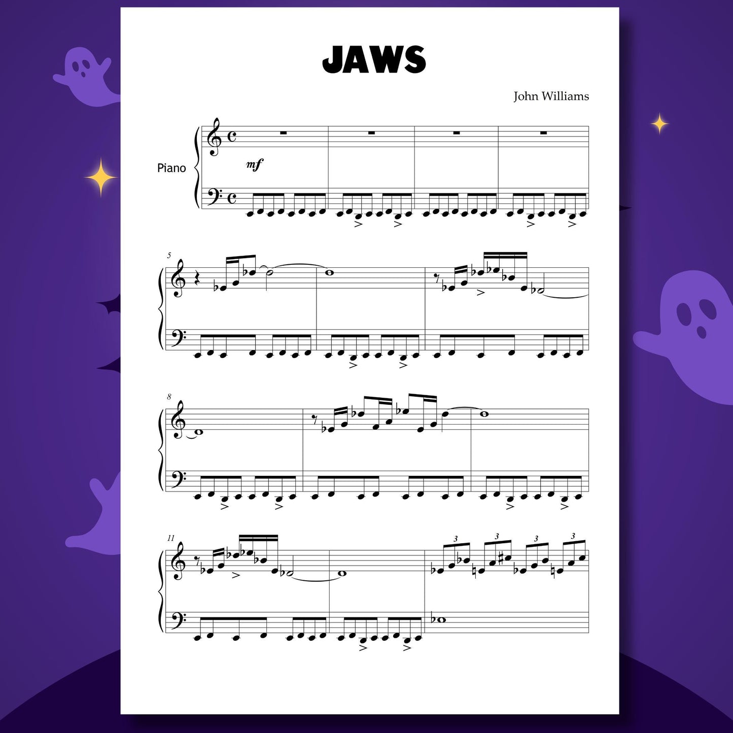 Halloween Piano Bundle Grade 1–2 printable beginner PDF with 11 spooky classics: Casper, Addams Family Theme, Ghostbusters, Thriller, Jaws Theme, Chopin’s Funeral March, Gounod’s Funeral March of a Marionette, Saint-Saëns Danse Macabre, Grieg’s In the Hall of the Mountain King, Andrew Lloyd Webber Phantom of the Opera, and John Williams Harry Potter Hedwig’s Theme.