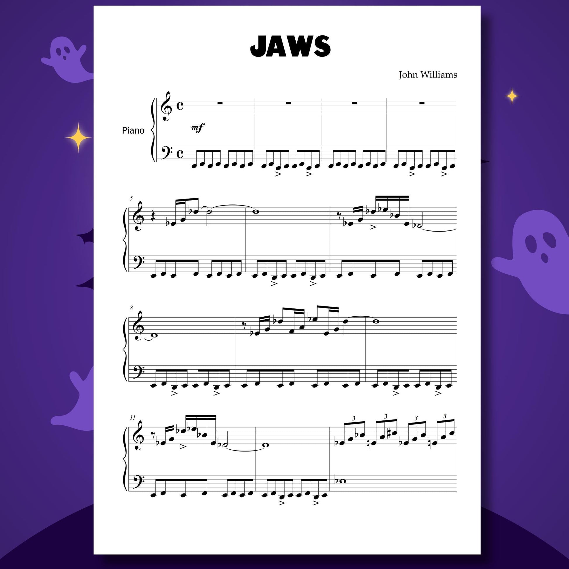 Halloween Piano Bundle Grade 1–2 printable beginner PDF with 11 spooky classics: Casper, Addams Family Theme, Ghostbusters, Thriller, Jaws Theme, Chopin’s Funeral March, Gounod’s Funeral March of a Marionette, Saint-Saëns Danse Macabre, Grieg’s In the Hall of the Mountain King, Andrew Lloyd Webber Phantom of the Opera, and John Williams Harry Potter Hedwig’s Theme.