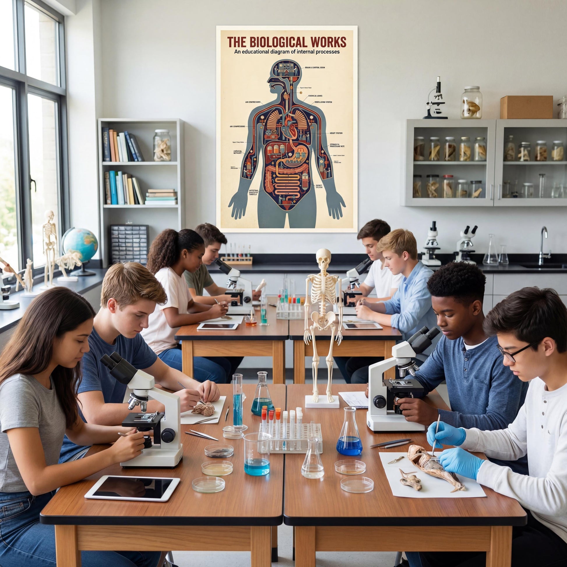 Printable retro anatomy illustration presenting the human body as a functioning machine, designed to spark curiosity and support visual learning in biology and engineering-focused spaces.