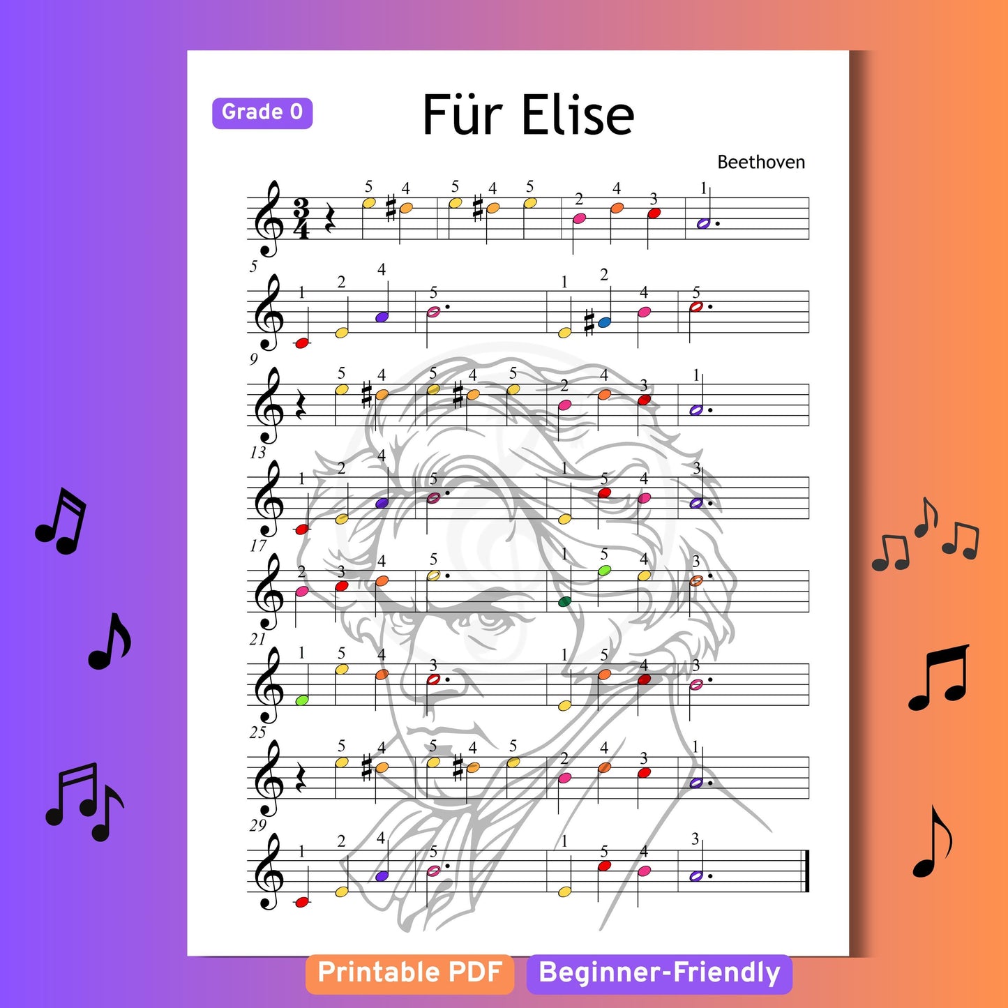 Für Elise - Grade 0 Simplified Beginner Piano Sheet | Easy Beethoven Music PDF | Color Notes + Finger Numbers + MP3 + MP4 Video For Elise