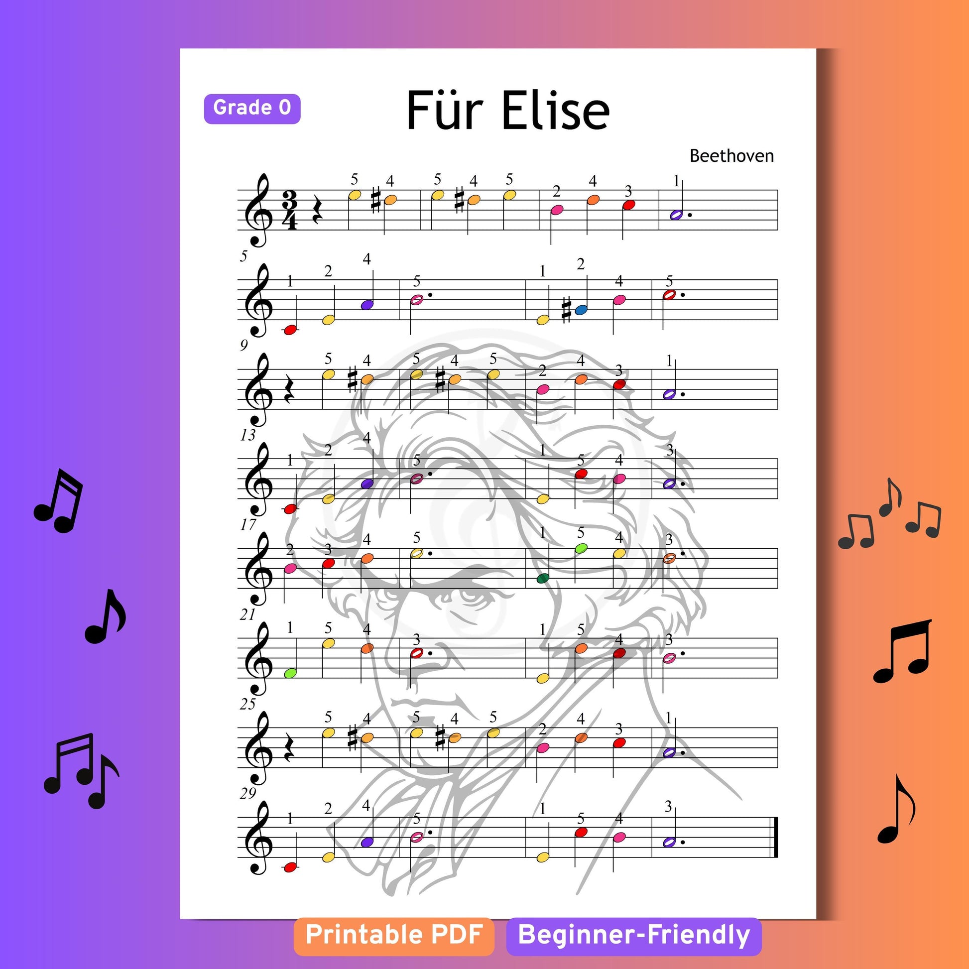 Für Elise - Grade 0 Simplified Beginner Piano Sheet | Easy Beethoven Music PDF | Color Notes + Finger Numbers + MP3 + MP4 Video For Elise