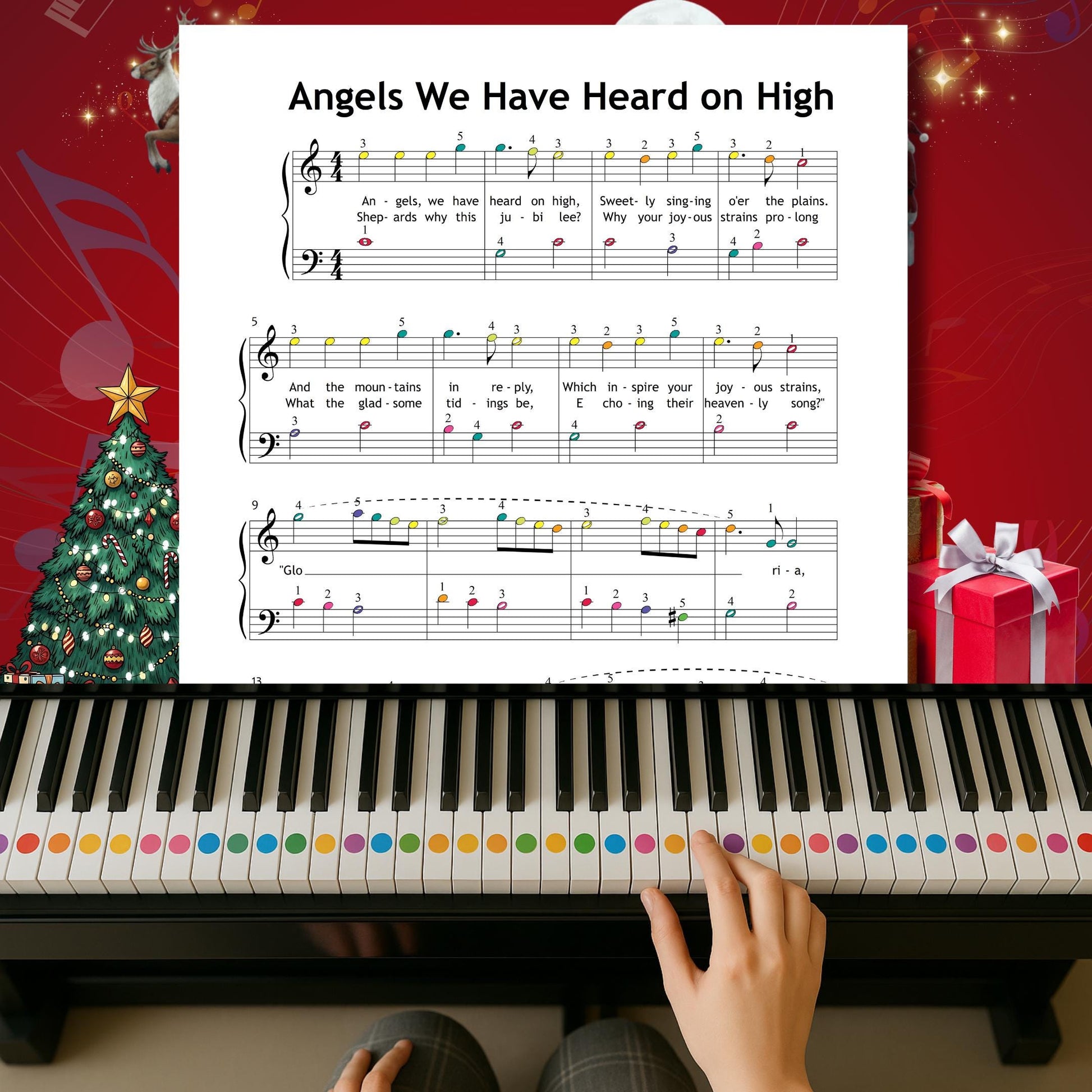 Angels We Have Heard on High by Traditional downloadable and simplified piano sheet music PDF created for beginners echoes Christmas gifts 2025 trends with personalised eco-friendly Christmas printables, best Christmas gifts under $5 ideas, and clear lyrics, finger numbers and color notes perfect for young learners.