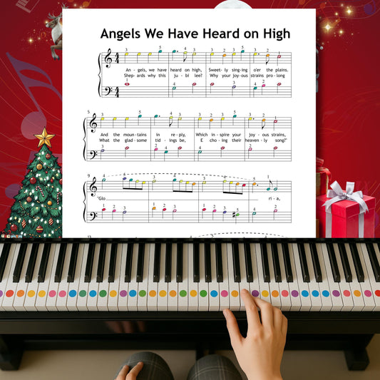 Angels We Have Heard on High by Traditional downloadable and simplified piano sheet music PDF created for beginners echoes Christmas gifts 2025 trends with personalised eco-friendly Christmas printables, best Christmas gifts under $5 ideas, and clear lyrics, finger numbers and color notes perfect for young learners.