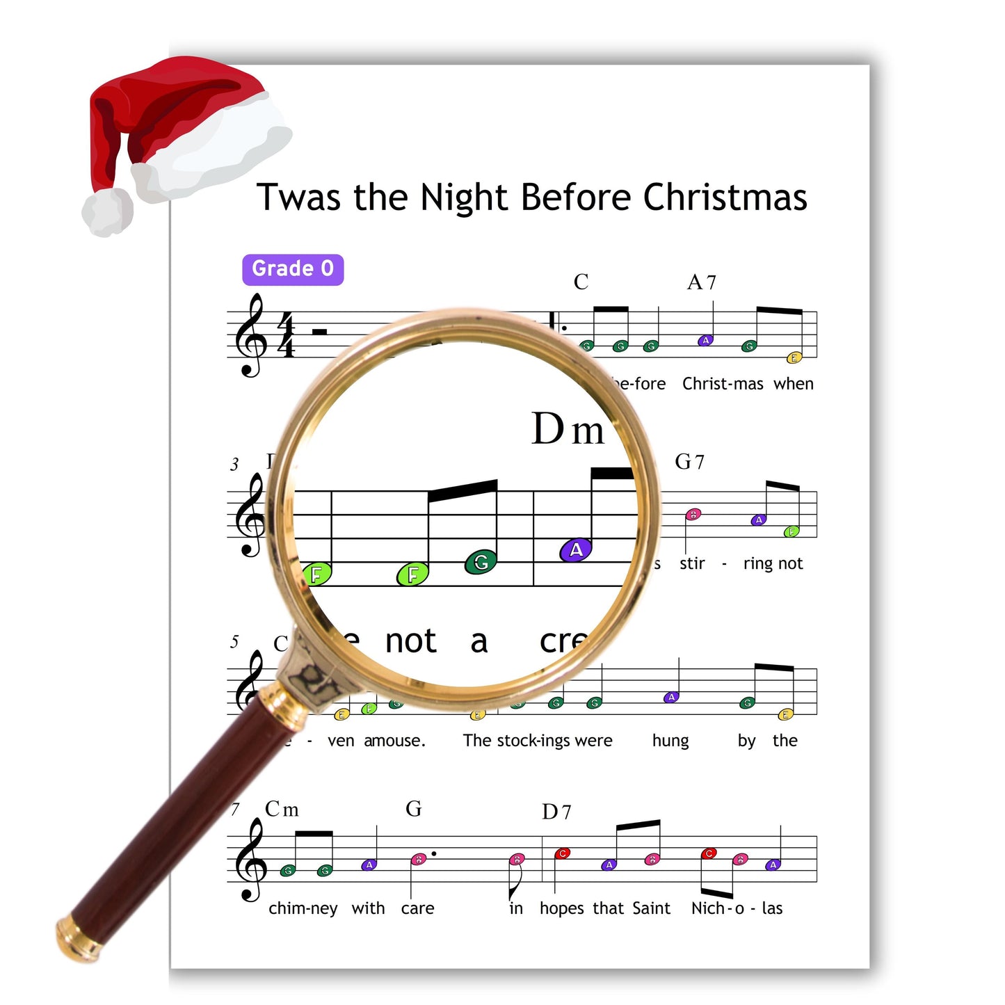 Twas the Night Before Christmas - Grade 0 Simplified Very Easy Piano Sheet | Color Notes Christmas Music
