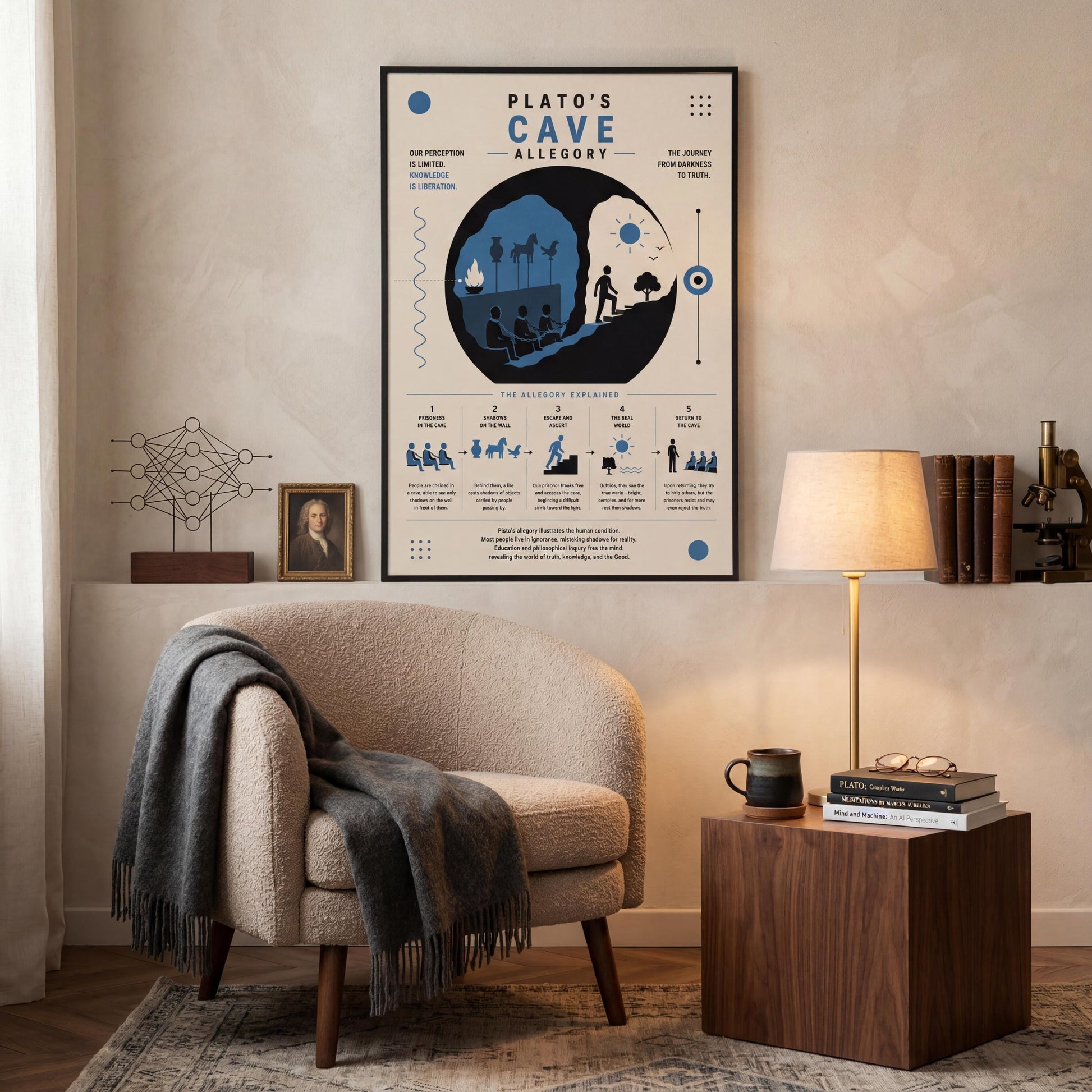 a cozy living room with a beige armchair, a wooden side table, and a lamp. Above the armchair, there is a poster depicting the cave of Plato's allegory, which is a famous Greek mythological cave. The poster includes text and illustrations related to the cave of Plato's allegory, providing a visual representation of the story.