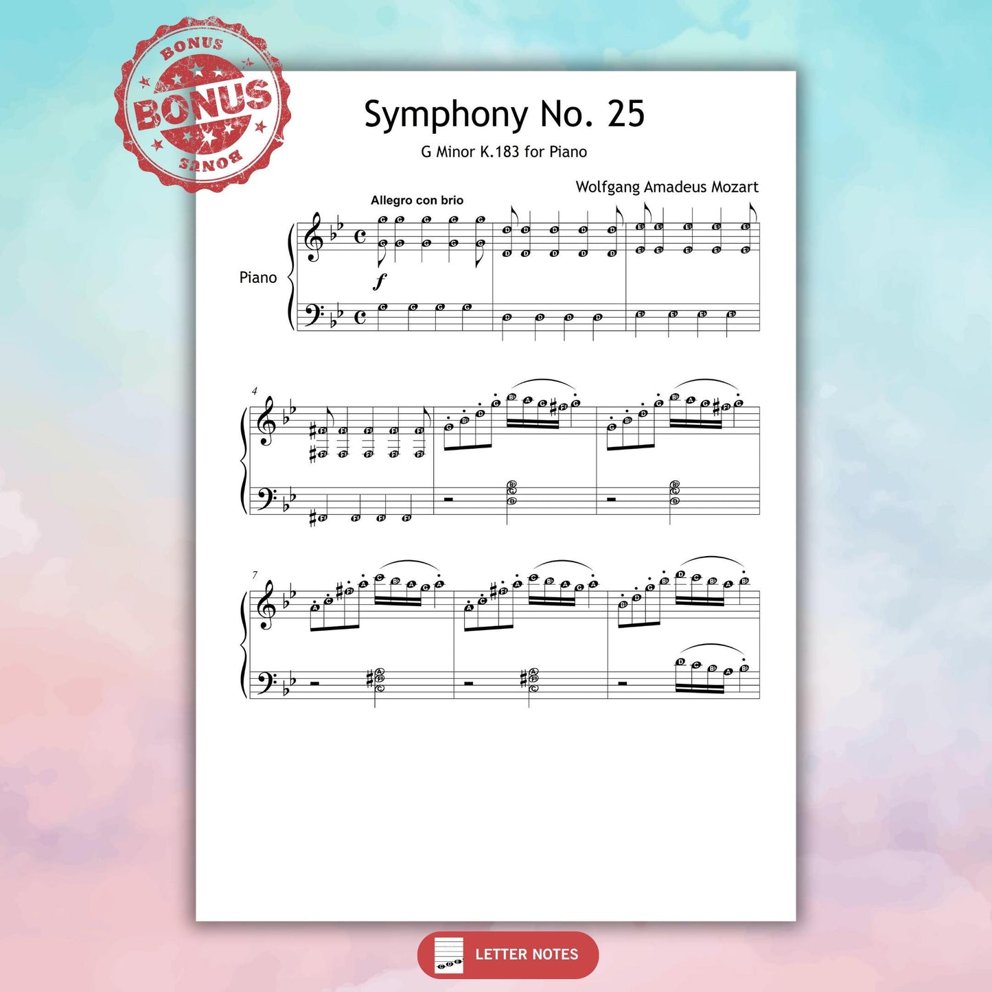 Symphony No. 25 by Mozart - Wolfgang Amadeus Mozart | Grade 5 Piano Sheet Music PDF Instant Download