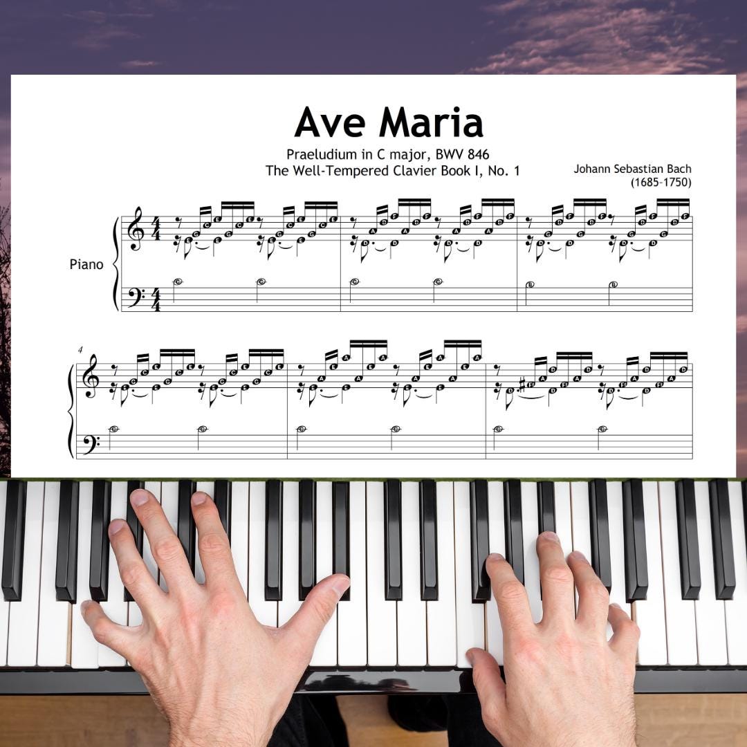 Ave Maria - Bach Prelude in C Major BWV 846 | Easy Piano Sheet Music PDF + Color Notes, Finger Numbers, MP3 & Video