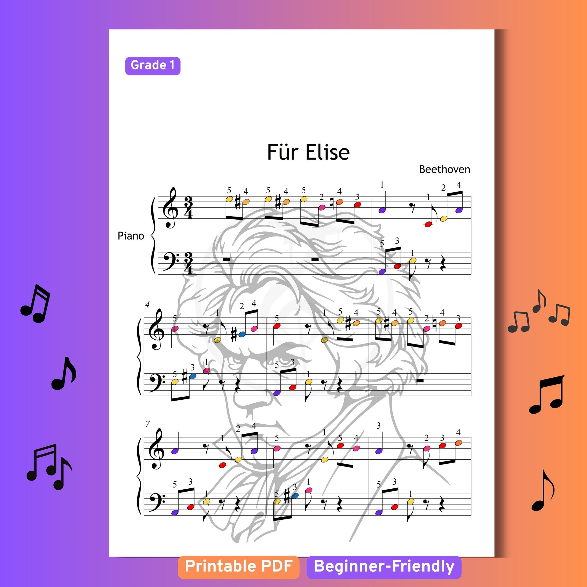 Für Elise - Grade 1 Simplified Easy Piano Sheet for Beginners | Easy Beethoven Music PDF | MP3 + MP4 Video + Finger Numbers