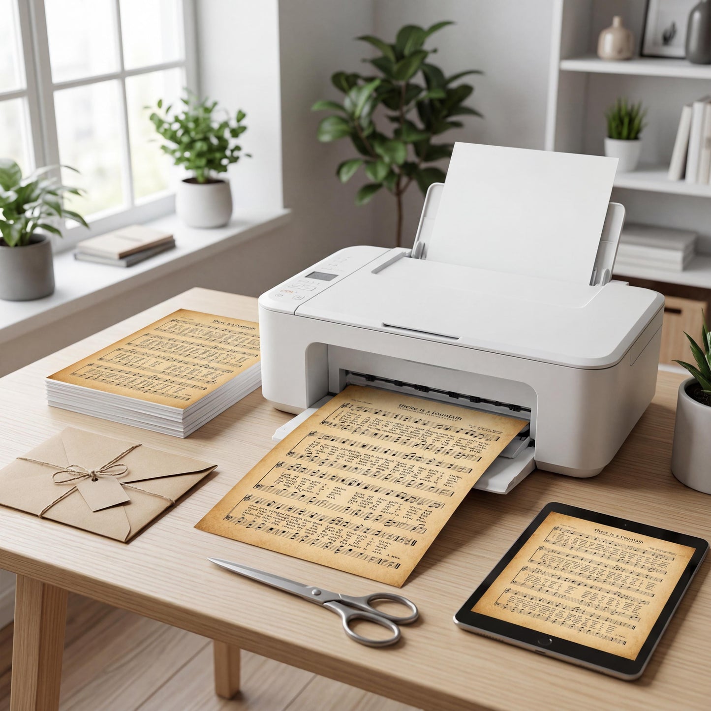 A white printer is printing sheet music on a wooden desk, surrounded by various office supplies and plants.