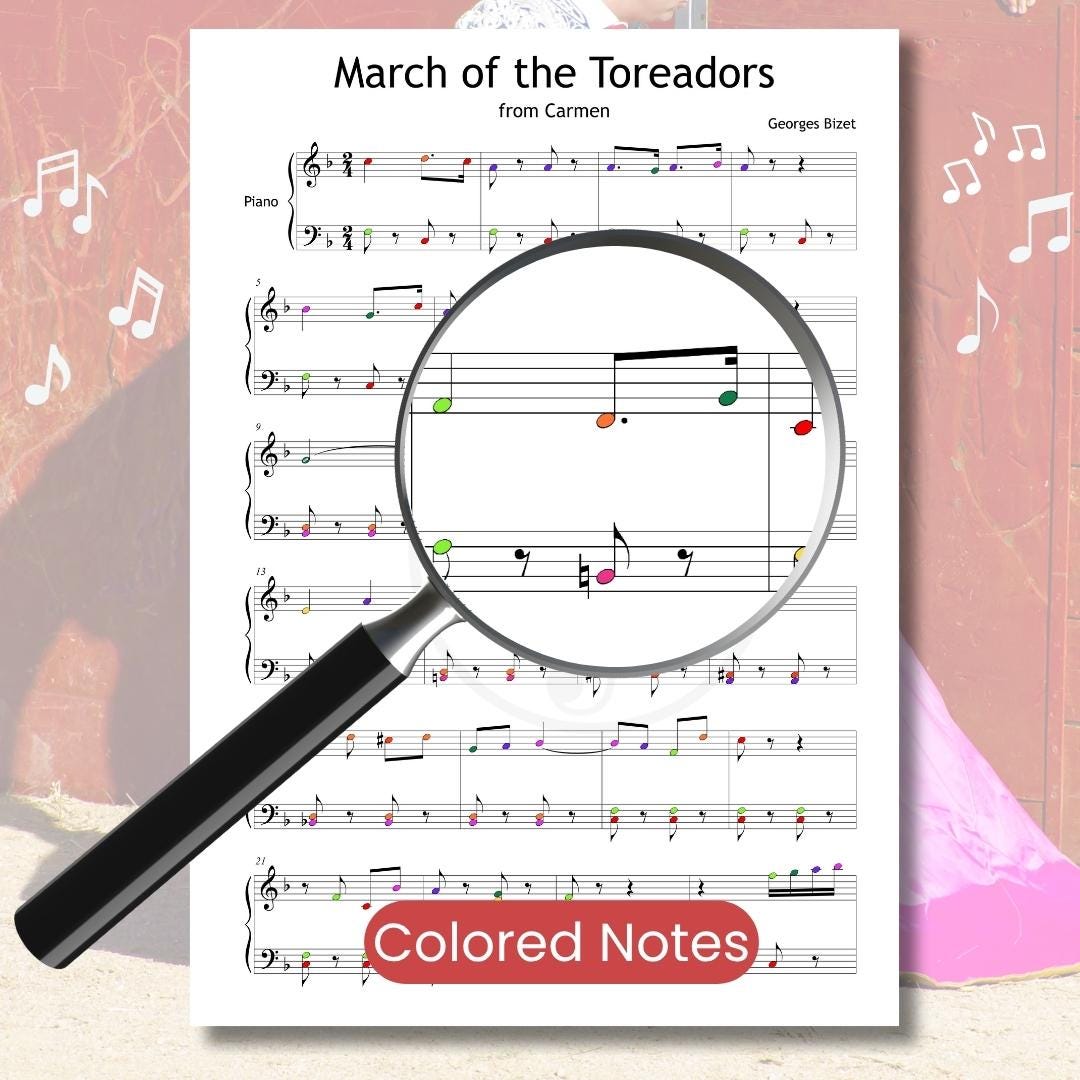 March of the Toreadors by Georges Bizet downloadable and simplified piano sheet music PDF in a color-coded Grade 3–4 edition highlighting bright visual note cues, finger-number placement, and optional note names, engraved from manuscript sources for improved accuracy and musical clarity.