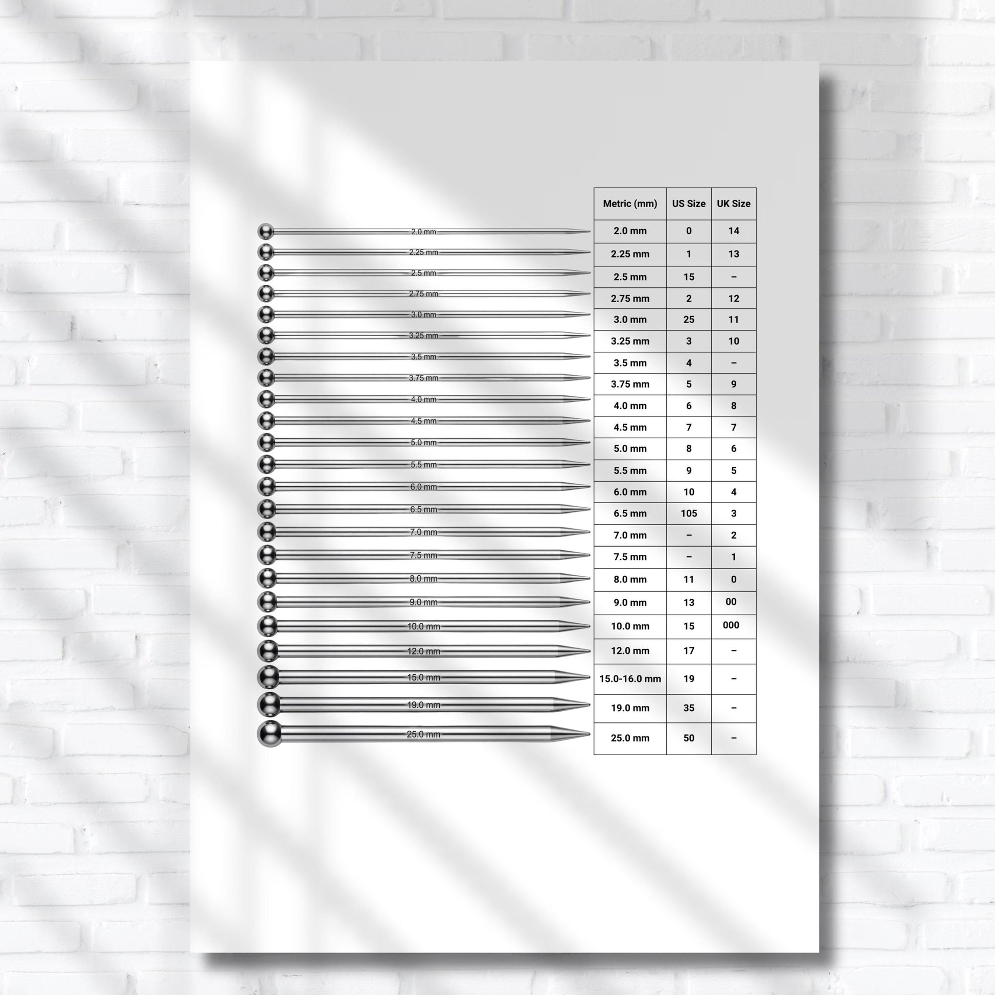 Knitting Needle Size Reference Printable – Metric, US and UK Needle Chart for Knitters | Digital Download 
Knitting needle measurement reference printable featuring a simple, organized layout for comparing metric, US, and UK sizes, ideal for home knitters and professional studios.