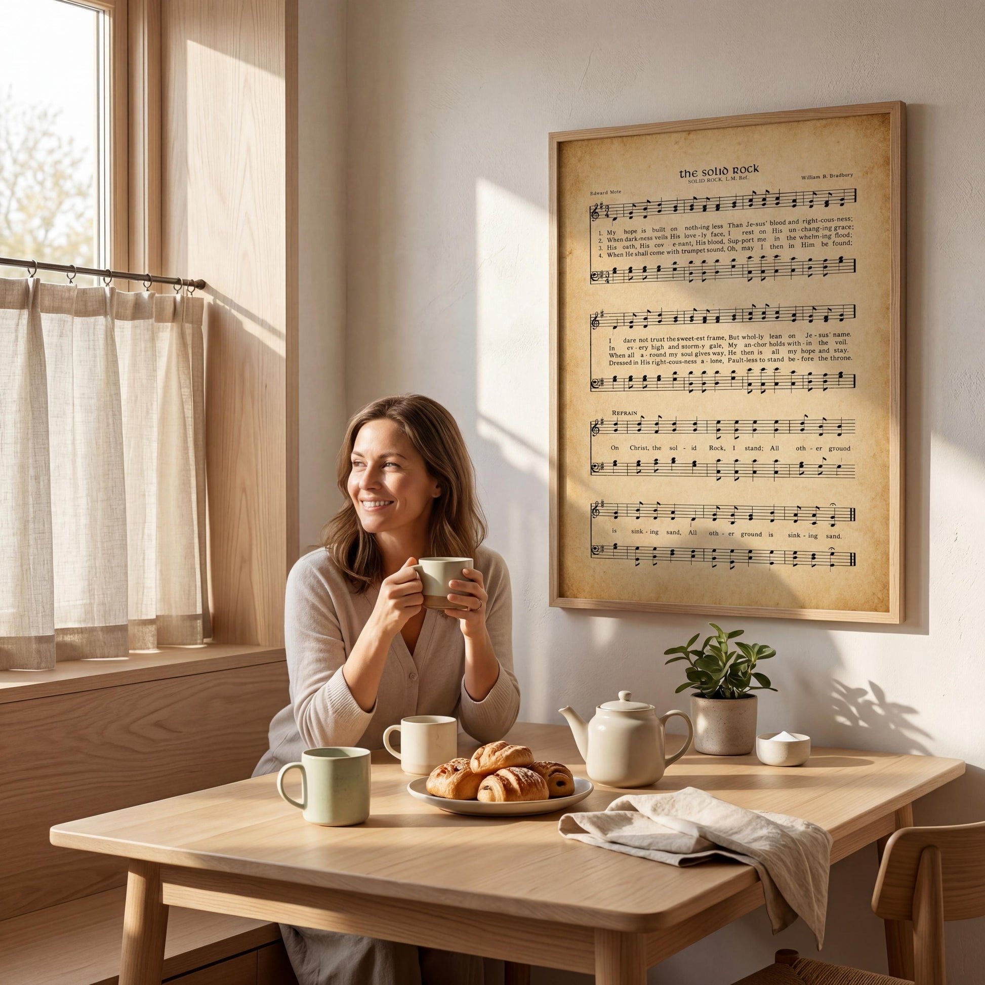 A woman sits at a wooden table, holding a cup of coffee and smiling, with a framed sheet music poster on the wall behind her.