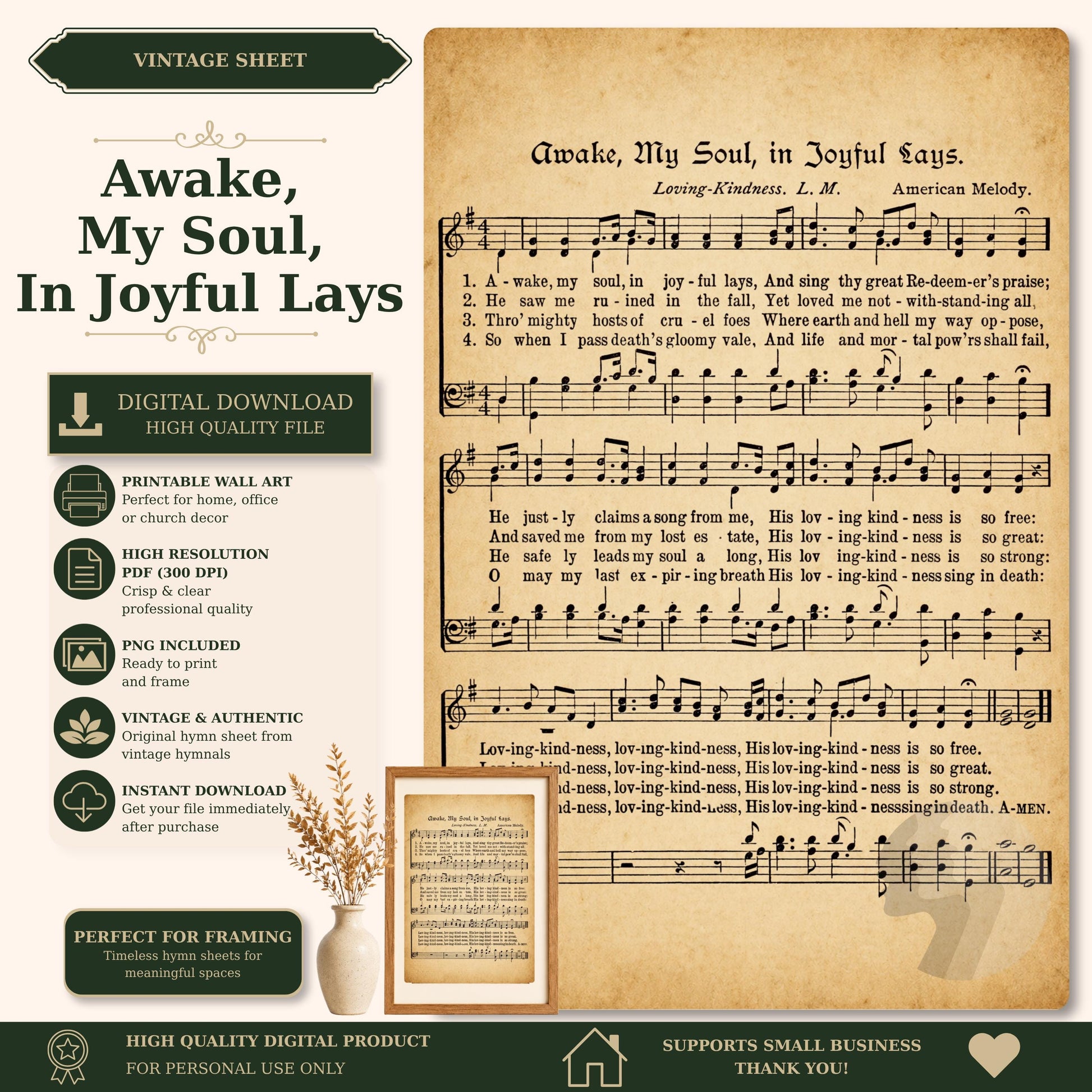 The image is a vintage sheet music sheet titled "AWAKE, MY SOUL, in joyful lays" by Loving-Kindness, L. M. The sheet music is accompanied by a printed wall art and a vintage-style photograph. The sheet music is a digital download high-quality file, perfect for framing, and is a perfect fit for personal use only. The sheet music is a vintage product, and it supports small businesses.